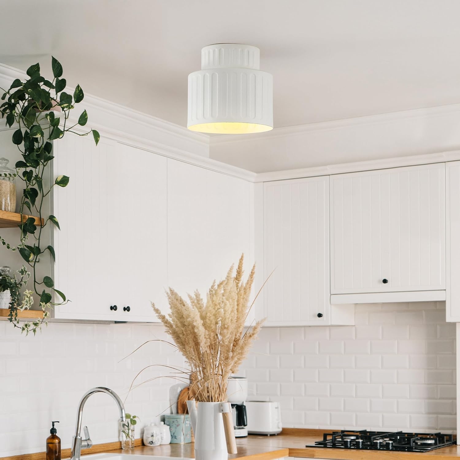 image:imageGlobe Electric 66000076 1Light Flush Mount Ceiling Light Matte Black and White Opal Glass Dual Shade Modern Lighting for Kitchen Island or Dining Room Wall and Dimmer Switch CompatibleFauxCeramic Shade White