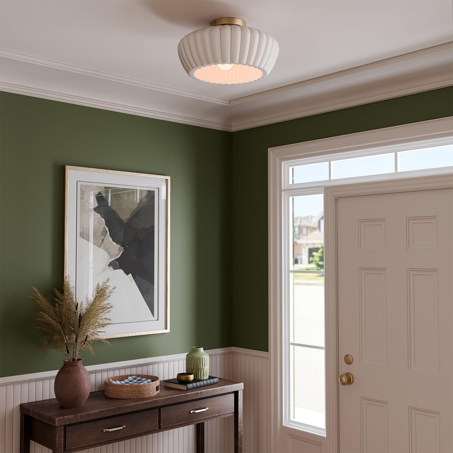image:imageGlobe Electric 66000076 1Light Flush Mount Ceiling Light Matte Black and White Opal Glass Dual Shade Modern Lighting for Kitchen Island or Dining Room Wall and Dimmer Switch CompatibleBrass Cream Resin Shade