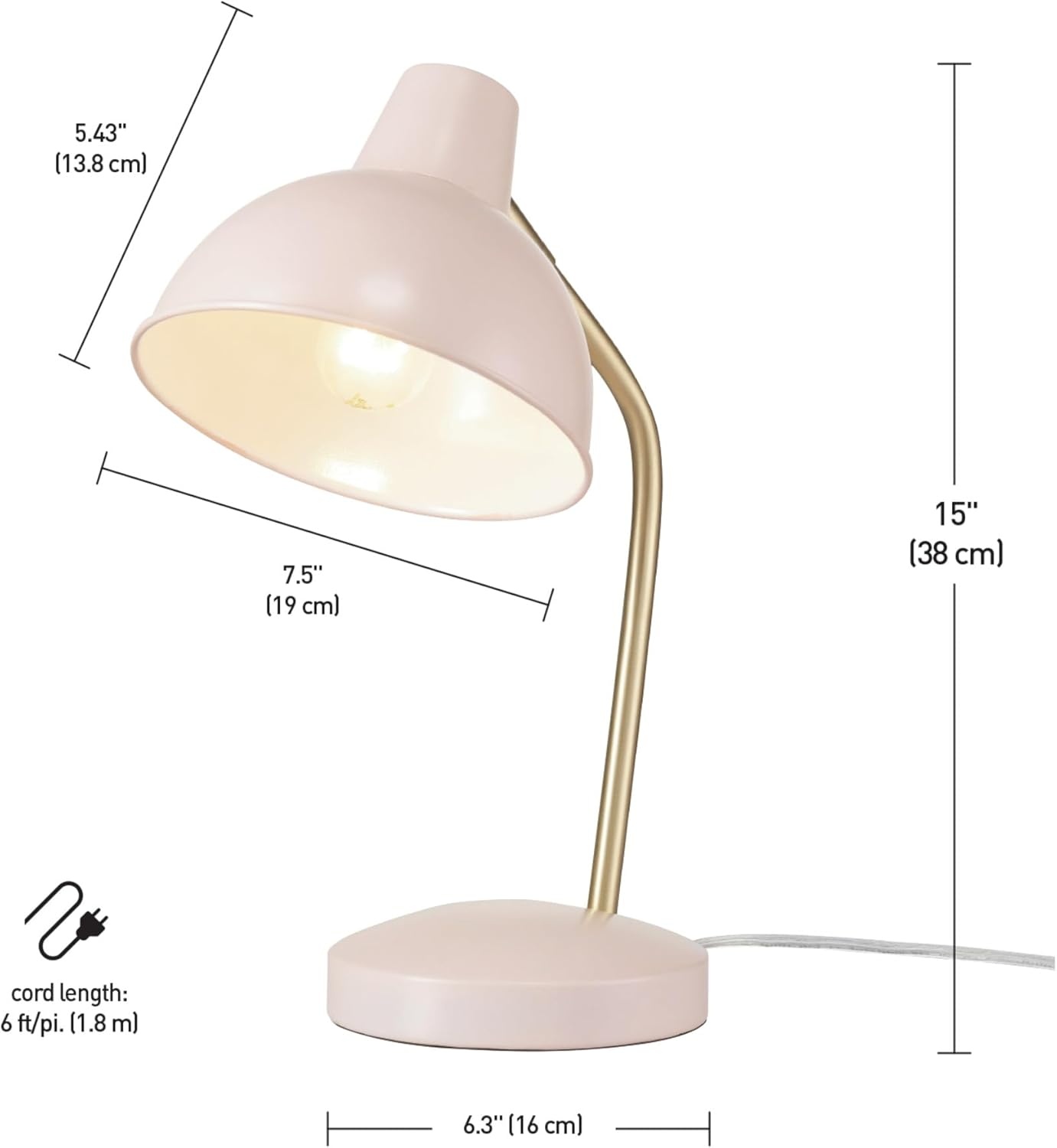image:imageGlobe Electric 67339 16 Inch Pink Desk Lamp with Gold Arm inLine OnOff Switch Reading Light Ideal for Bedroom Dorm and OfficeMatte Rose Robin