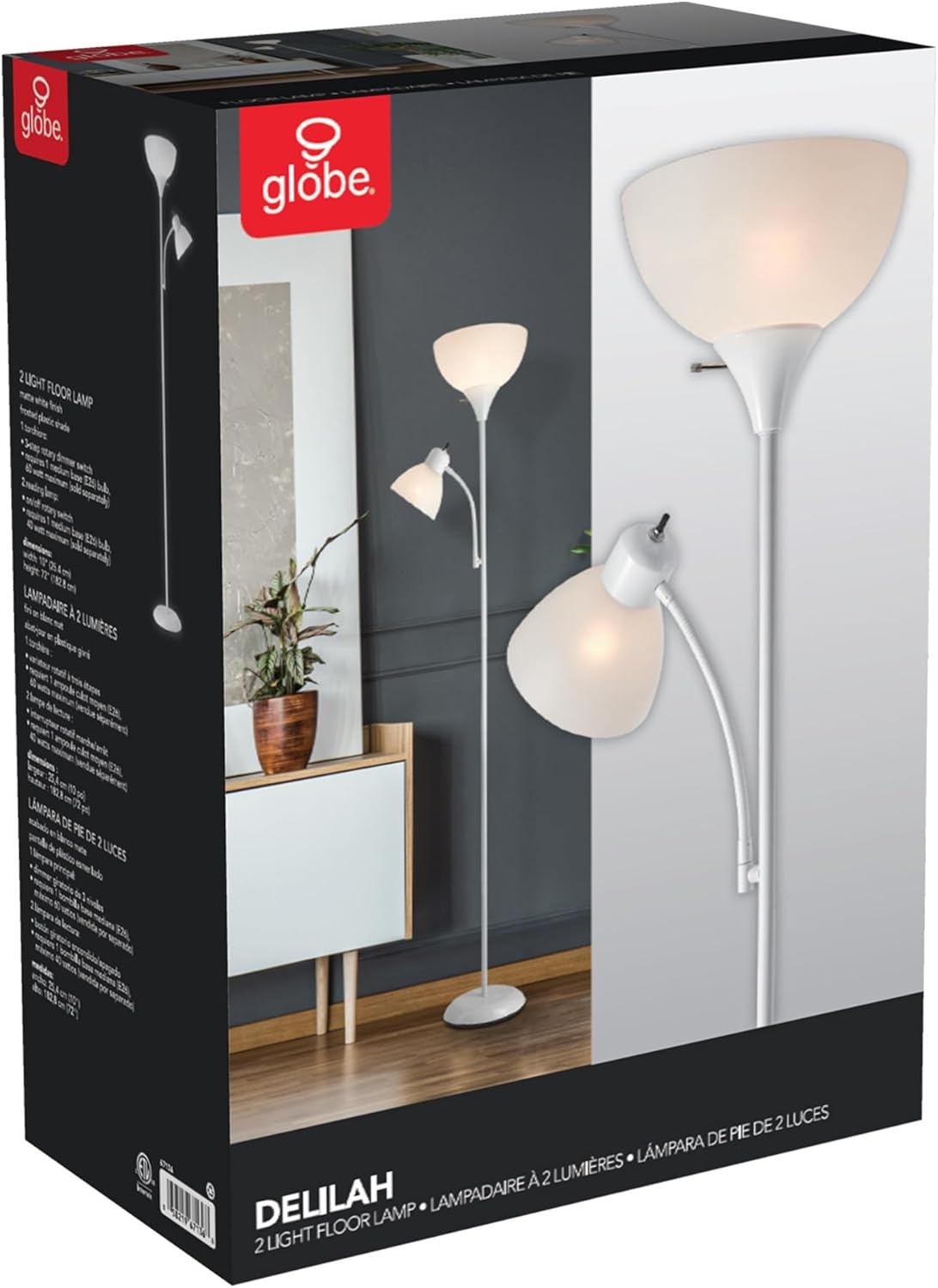 image:imageGlobe Electric 677150 Elliott 72 Floor Lamp Silver White Plastic Shade OnOff Rotary Switch on Shade Standing Living Room Decor Bedroom Tall Corner LightWhite