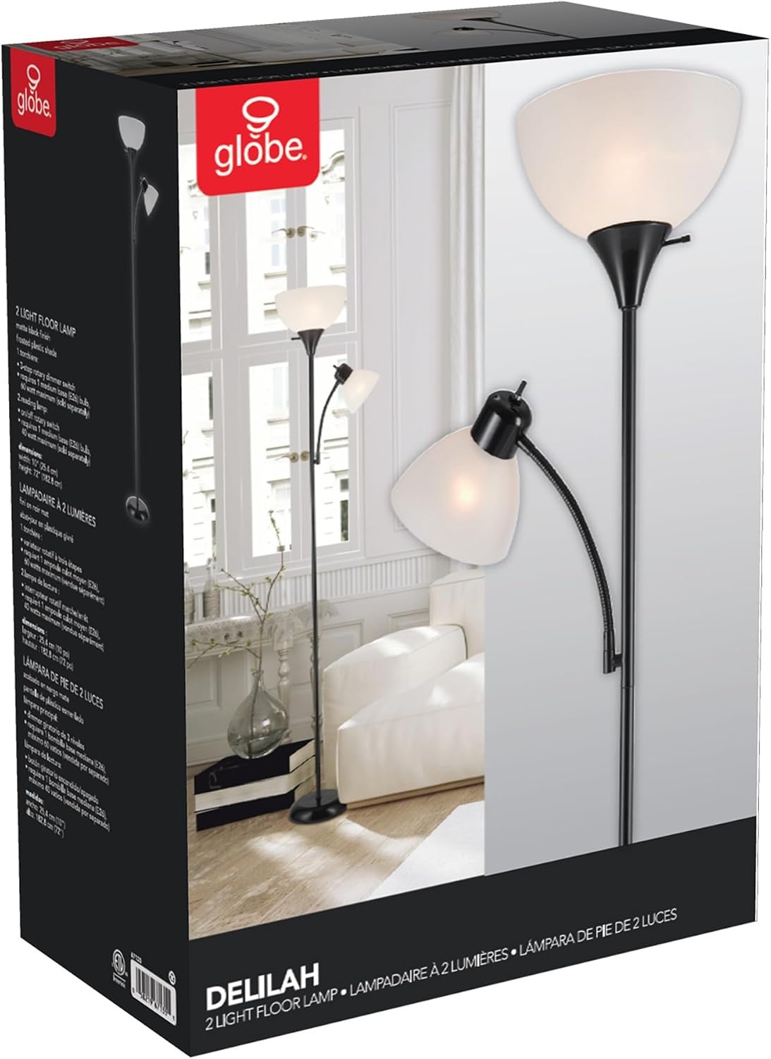 image:imageGlobe Electric 677150 Elliott 72 Floor Lamp Silver White Plastic Shade OnOff Rotary Switch on Shade Standing Living Room Decor Bedroom Tall Corner LightBlack