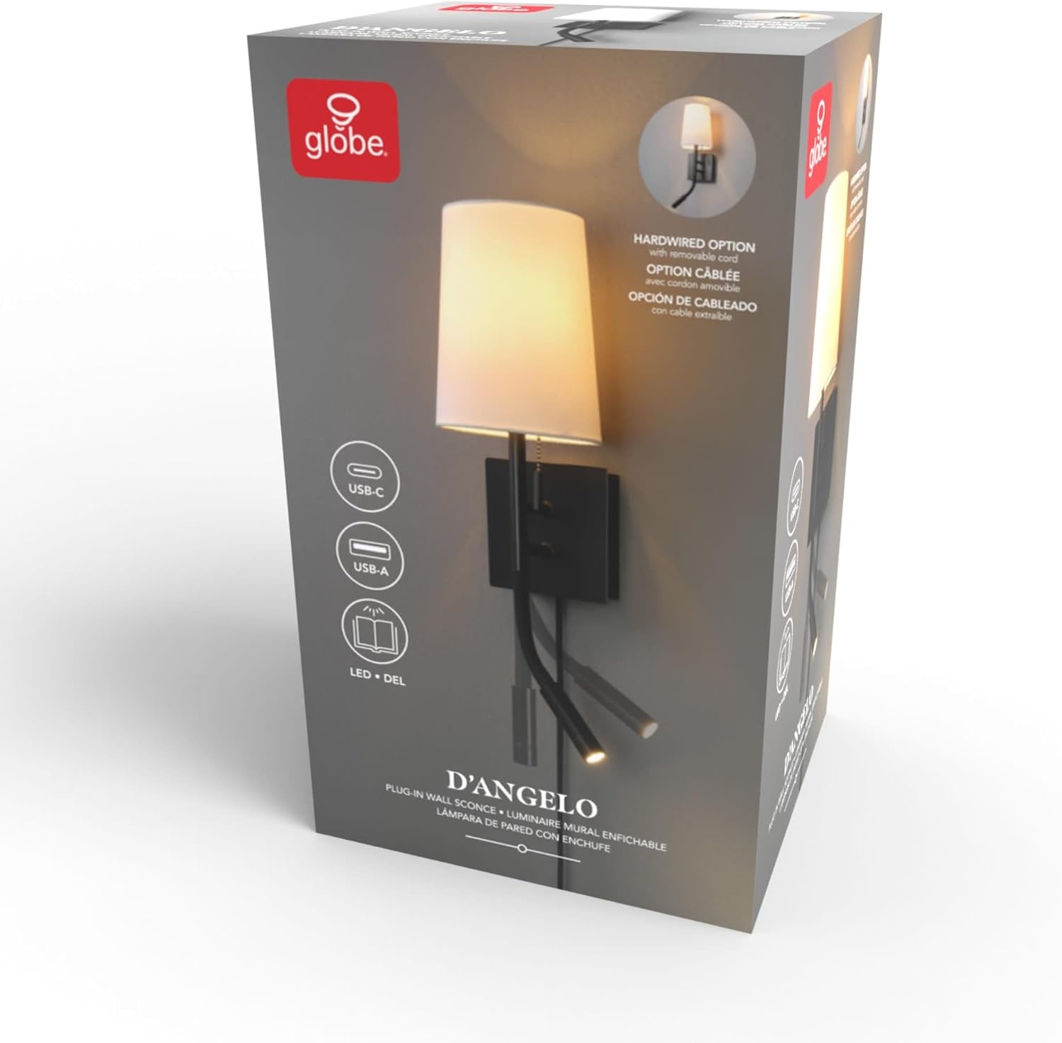 image:imageGlobe Electric 91009486 DAngelo Single Light 21 Tall Hardwired or Plugin Wall Sconce with LED Reading Light and USBAC Ports Matte Black