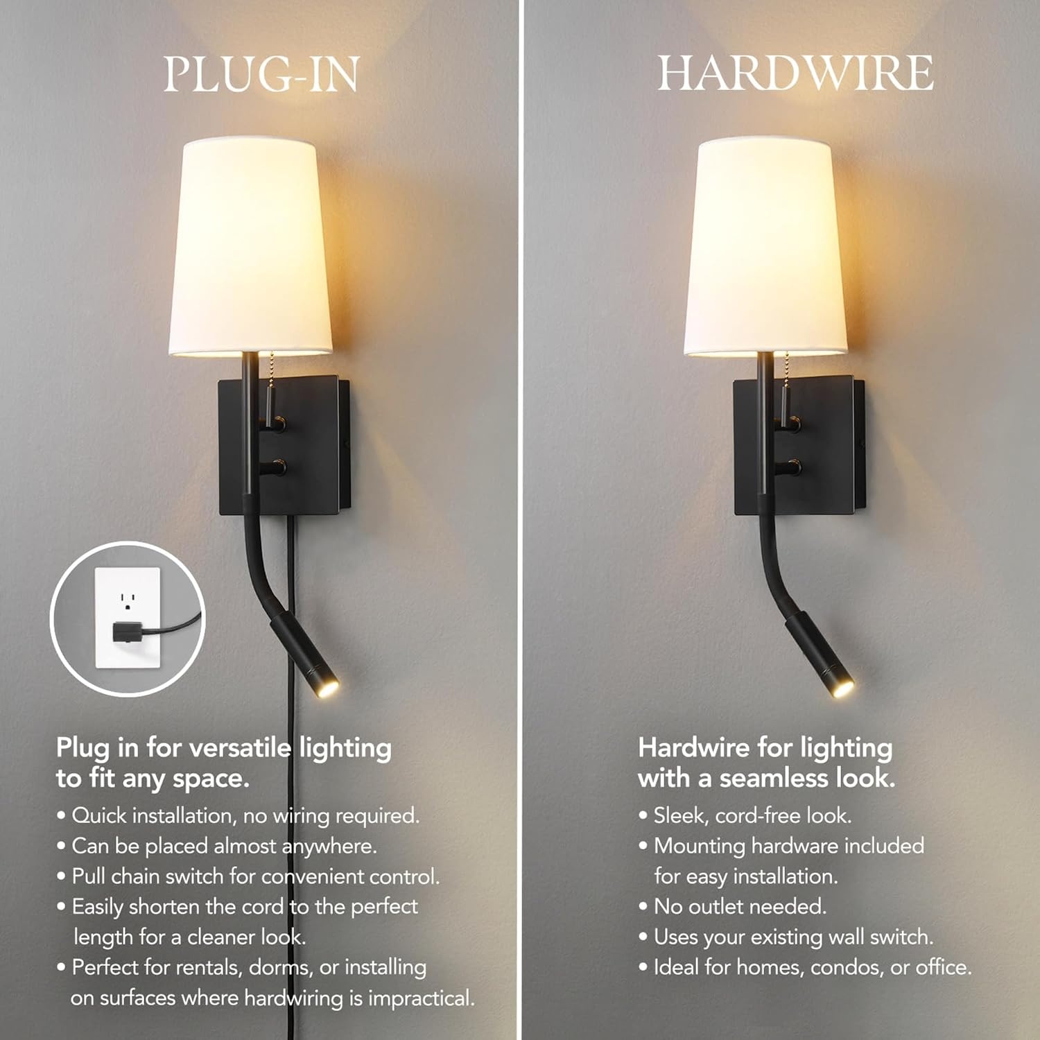 image:imageGlobe Electric 91009486 DAngelo Single Light 21 Tall Hardwired or Plugin Wall Sconce with LED Reading Light and USBAC Ports Matte Black