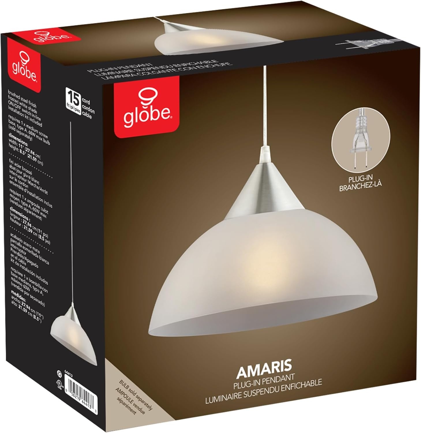 image:imageGlobe Electric Amelia 1Light Plugin Pendant Lighting Matte White White Glass Shade Bulb Not IncludedBrushed Steel
