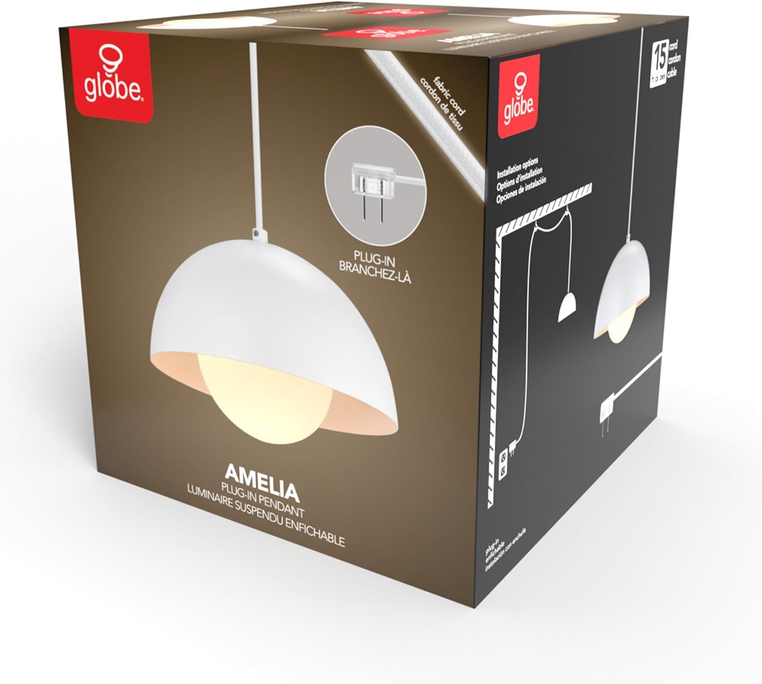 image:imageGlobe Electric Amelia 1Light Plugin Pendant Lighting Matte White White Glass Shade Bulb Not IncludedMatte White