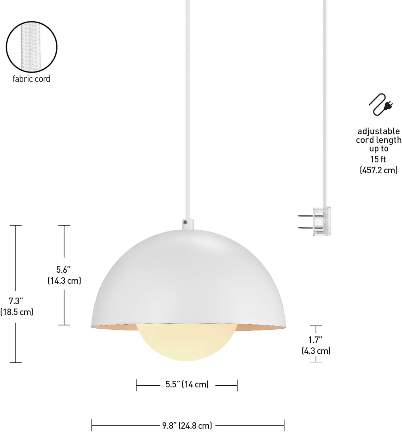 image:imageGlobe Electric Amelia 1Light Plugin Pendant Lighting Matte White White Glass Shade Bulb Not IncludedMatte White