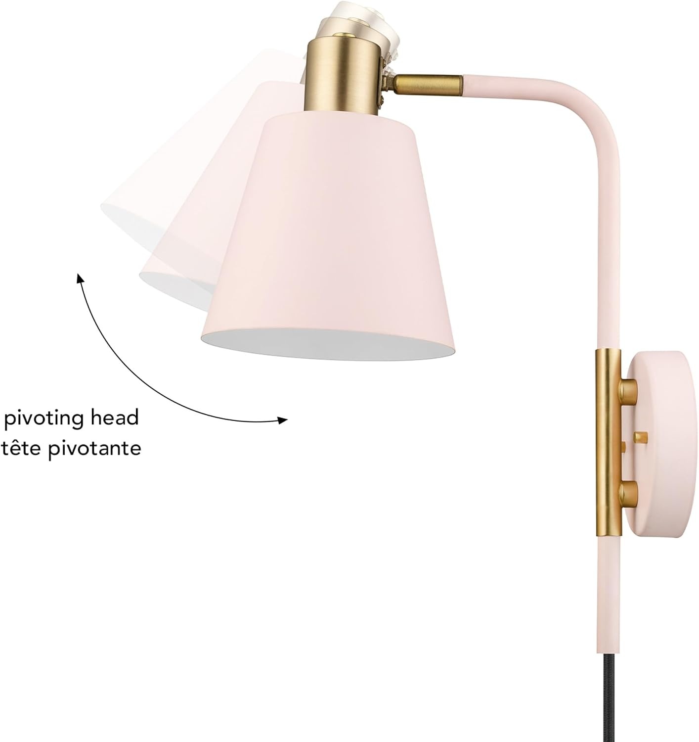 image:imageGlobe Electric Cleo 1Light Plugin or Hardwire Wall Sconce Blush Pink Matte Brass Accents Black Cloth Cord Bulb Not IncludedPack of 1