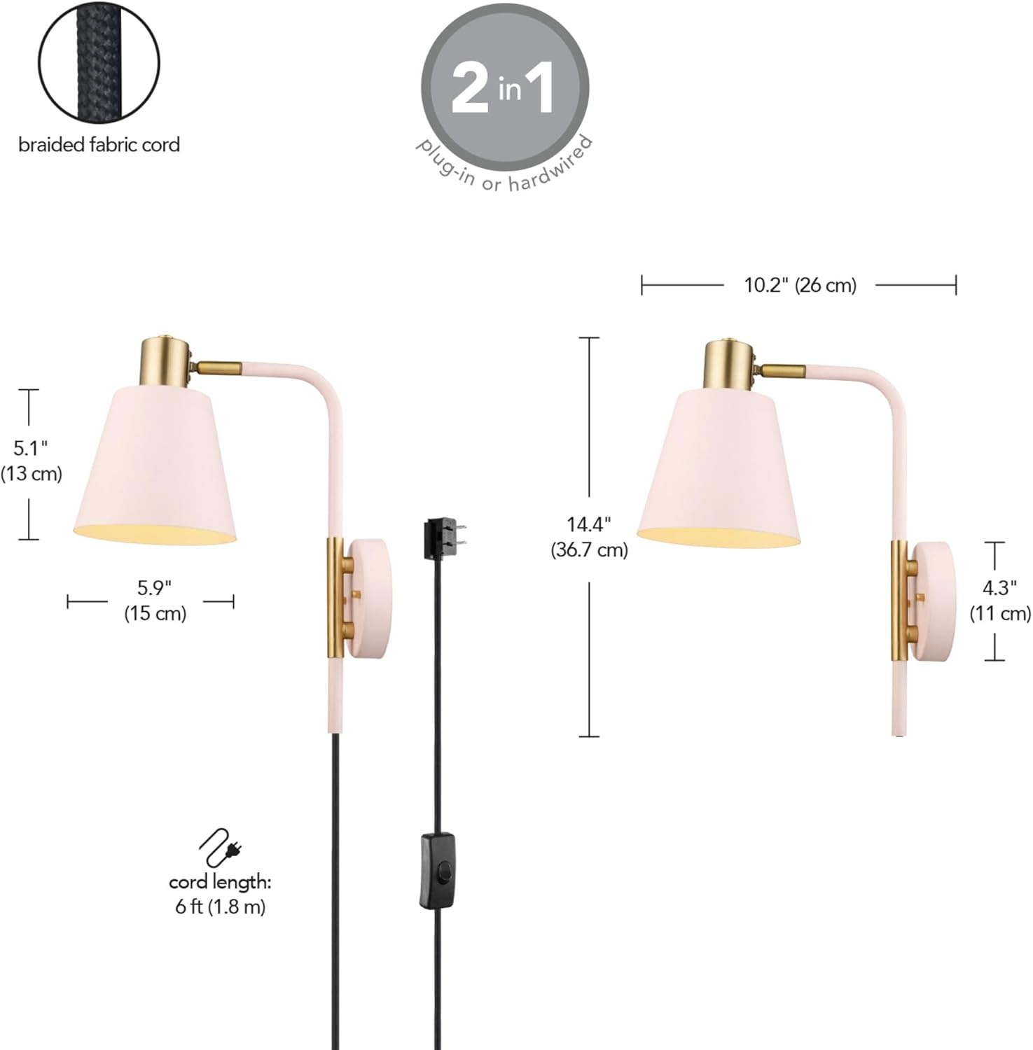 image:imageGlobe Electric Cleo 1Light Plugin or Hardwire Wall Sconce Blush Pink Matte Brass Accents Black Cloth Cord Bulb Not IncludedPack of 1