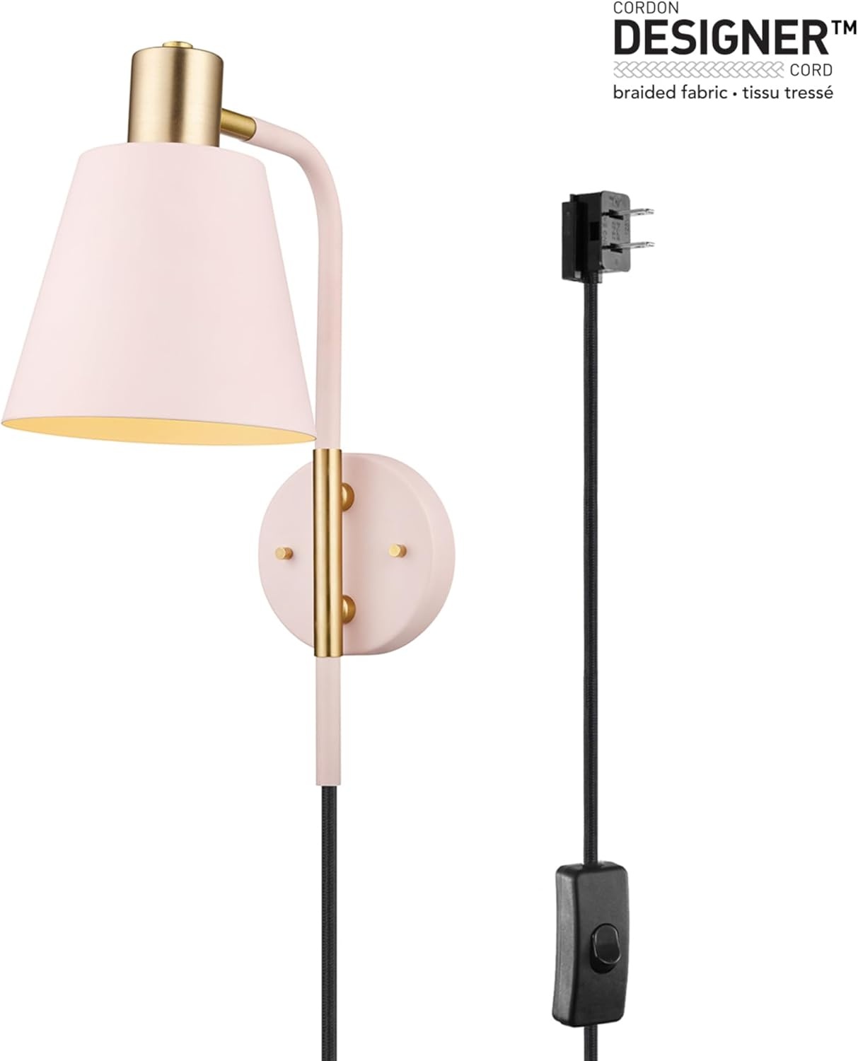 image:imageGlobe Electric Cleo 1Light Plugin or Hardwire Wall Sconce Blush Pink Matte Brass Accents Black Cloth Cord Bulb Not IncludedPack of 1
