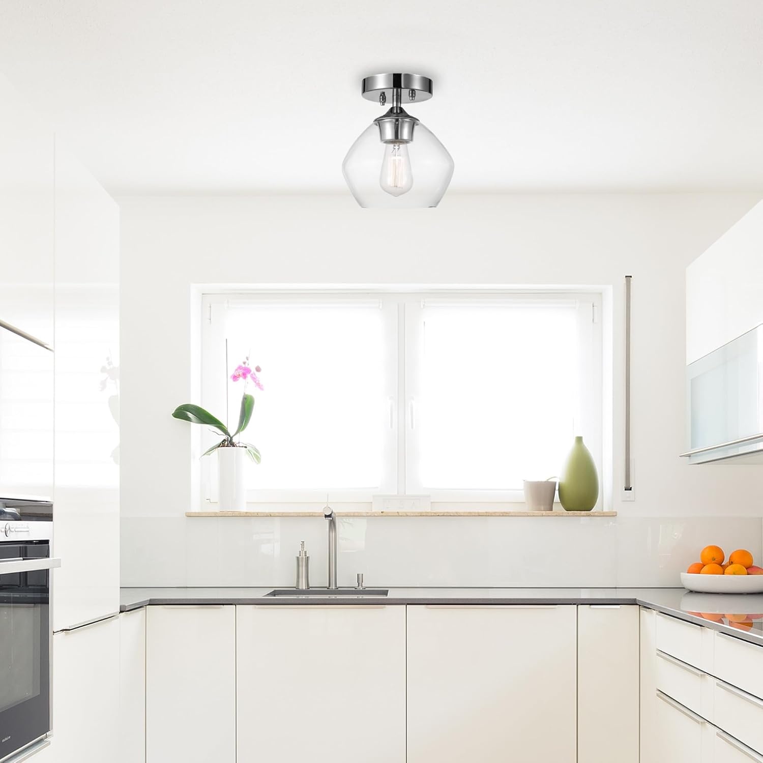 image:imageGlobe Electric Harrow 1Light SemiFlush Mount Ceiling Lighting Matte Brass Clear Glass ShadeChrome Harrow