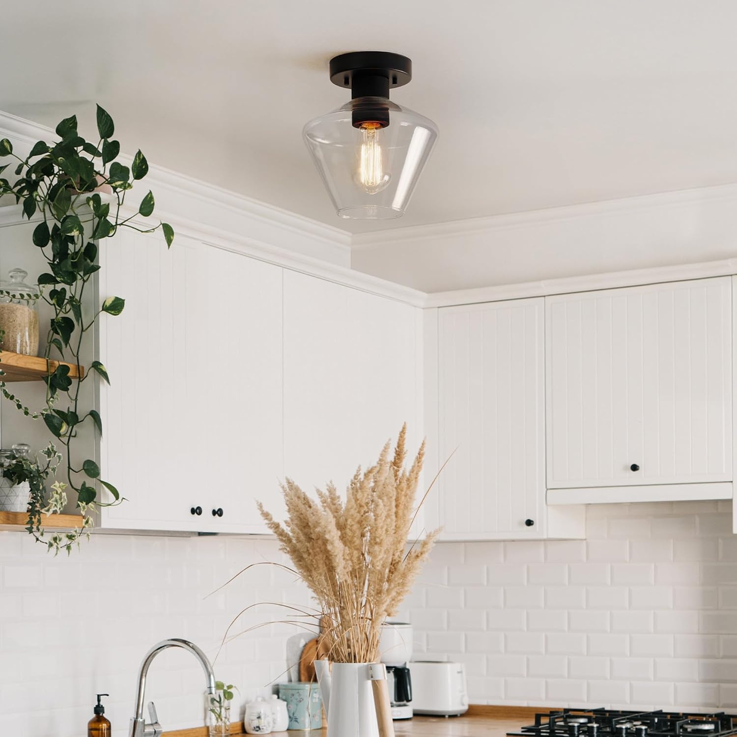 image:imageGlobe Electric Harrow 1Light SemiFlush Mount Ceiling Lighting Matte Brass Clear Glass ShadeMatte Black Harling
