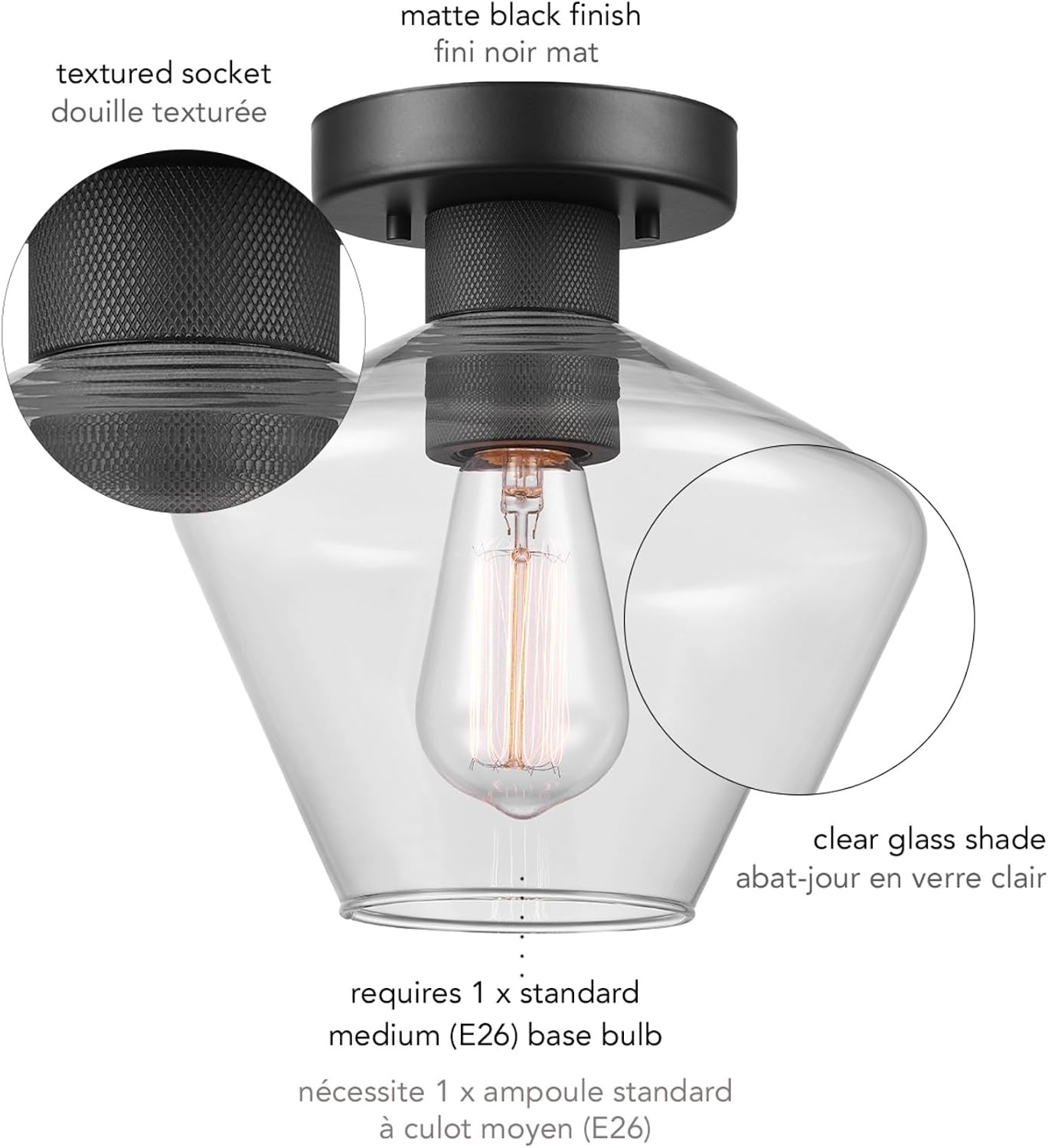 image:imageGlobe Electric Harrow 1Light SemiFlush Mount Ceiling Lighting Matte Brass Clear Glass ShadeMatte Black Harling