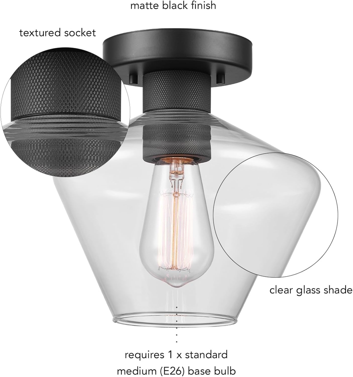 image:imageGlobe Electric Harrow 1Light SemiFlush Mount Ceiling Lighting Matte Brass Clear Glass ShadeMatte Black Harling
