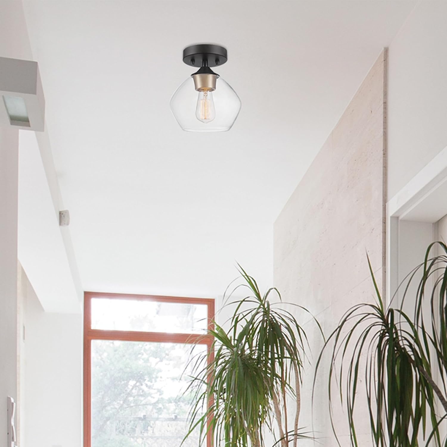 image:imageGlobe Electric Harrow 1Light SemiFlush Mount Ceiling Lighting Matte Brass Clear Glass ShadeMatte Black Harrow
