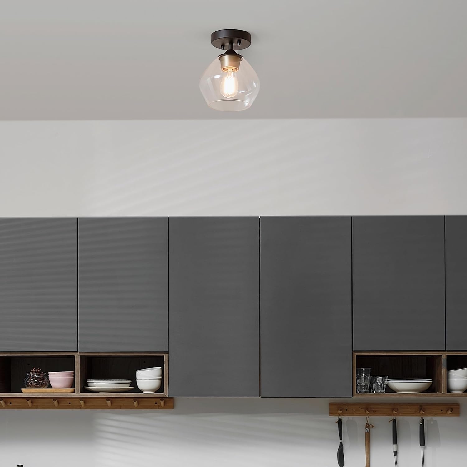 image:imageGlobe Electric Harrow 1Light SemiFlush Mount Ceiling Lighting Matte Brass Clear Glass ShadeMatte Black Harrow