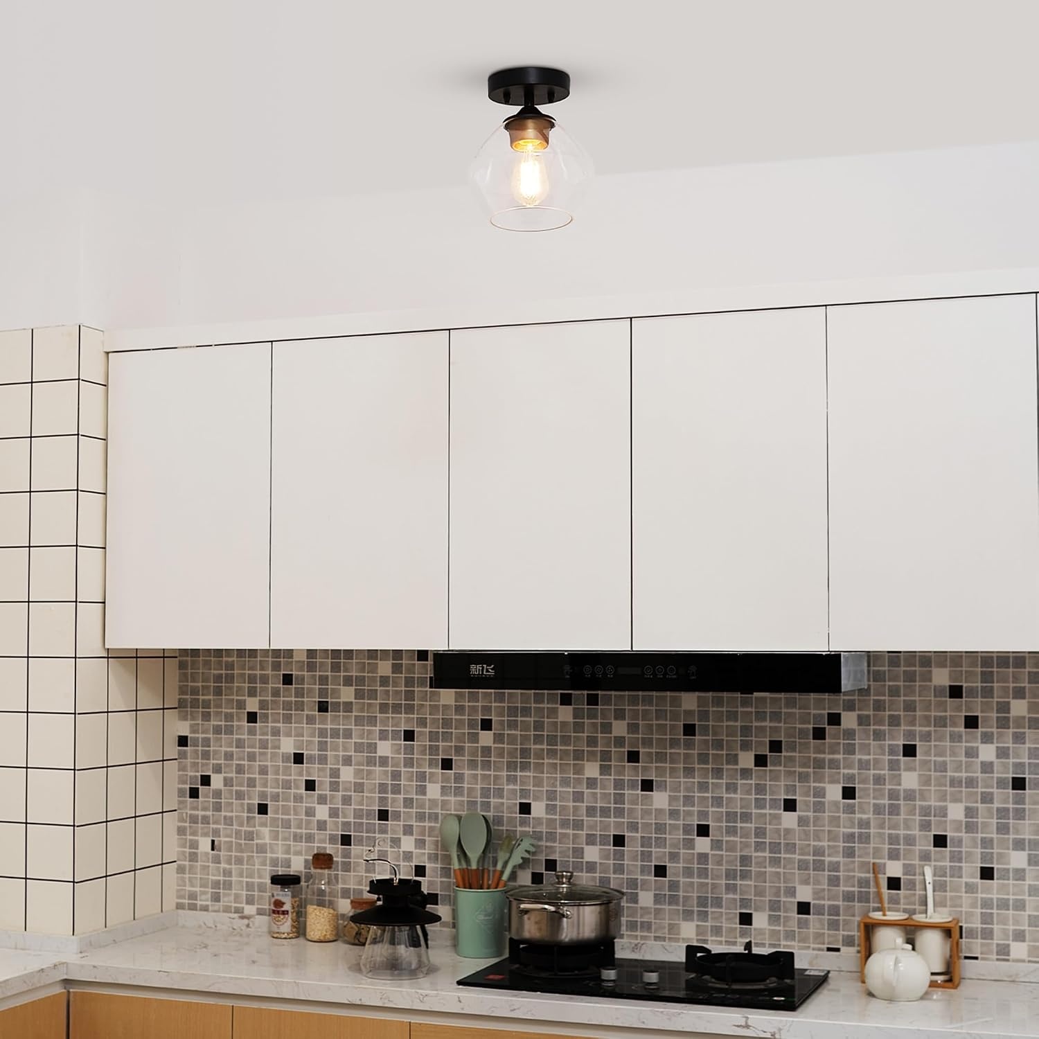image:imageGlobe Electric Harrow 1Light SemiFlush Mount Ceiling Lighting Matte Brass Clear Glass ShadeMatte Black Harrow