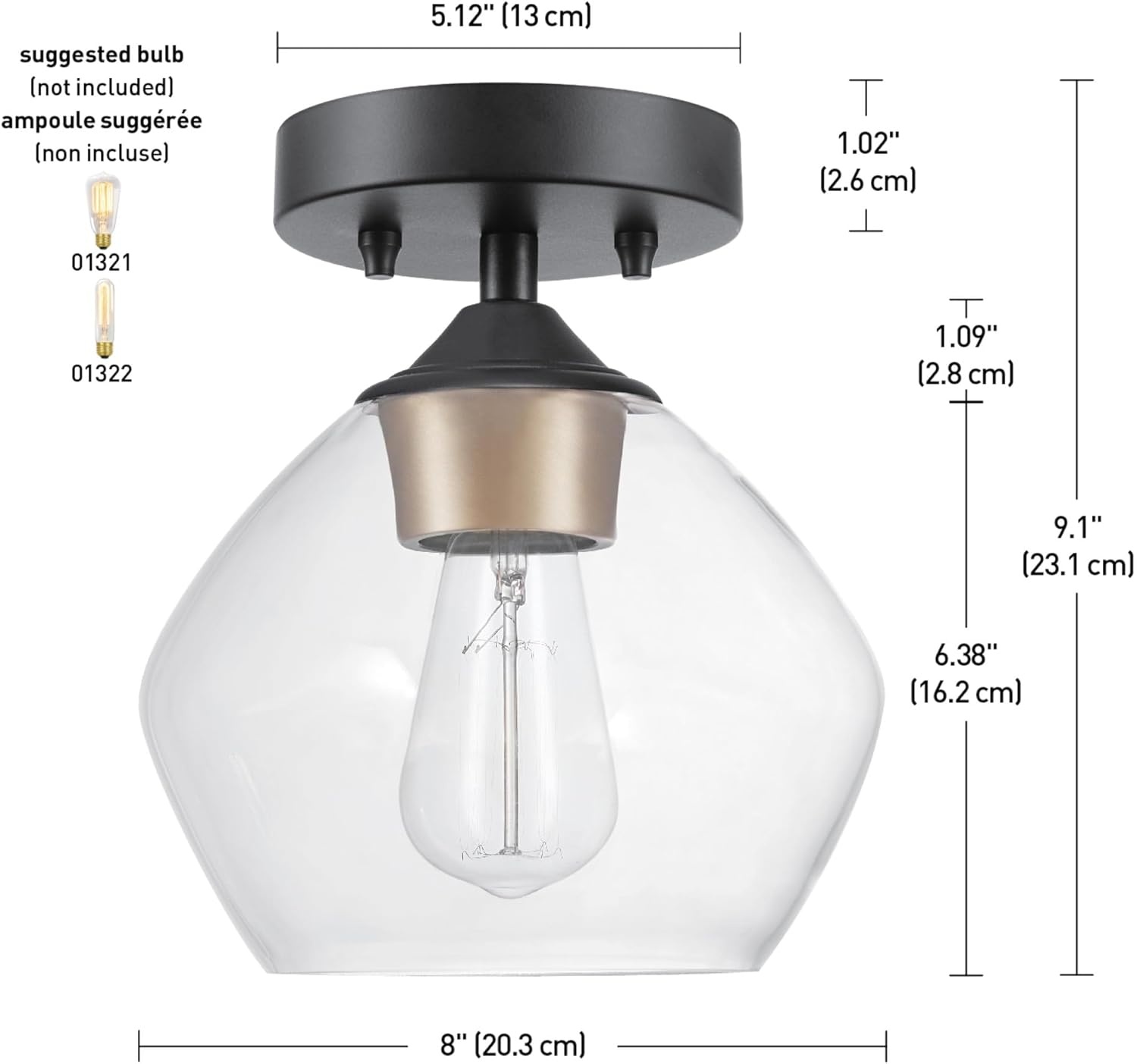 image:imageGlobe Electric Harrow 1Light SemiFlush Mount Ceiling Lighting Matte Brass Clear Glass ShadeMatte Black Harrow