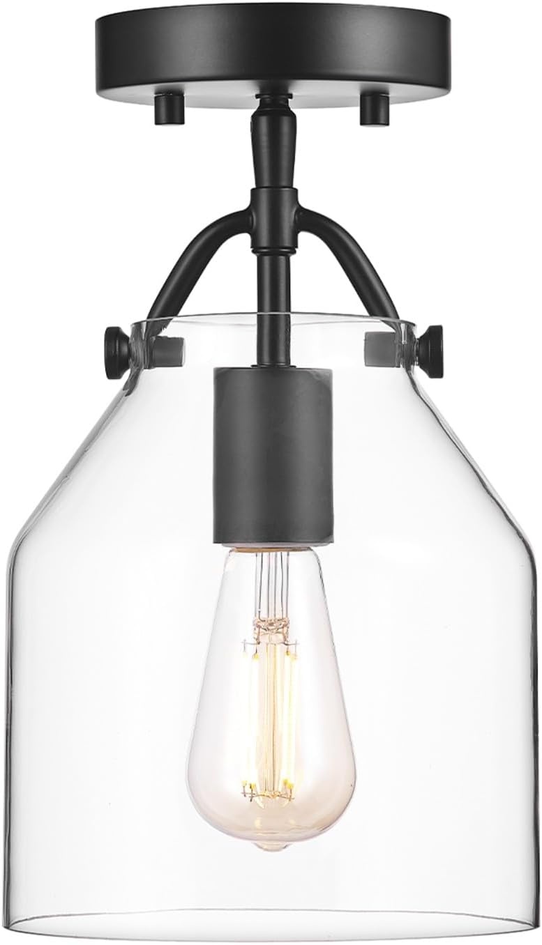 image:imageGlobe Electric Harrow 1Light SemiFlush Mount Ceiling Lighting Matte Brass Clear Glass ShadeMatte Black Helm