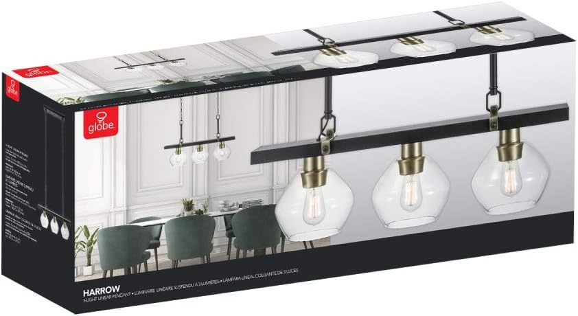 image:imageGlobe Electric Harrow 3 Linear Pendant Lighting with Gold Accent Sockets Shades 60873 Matte Black with Clear Glass Bulb Not IncludedMatte Black with Clear Glass