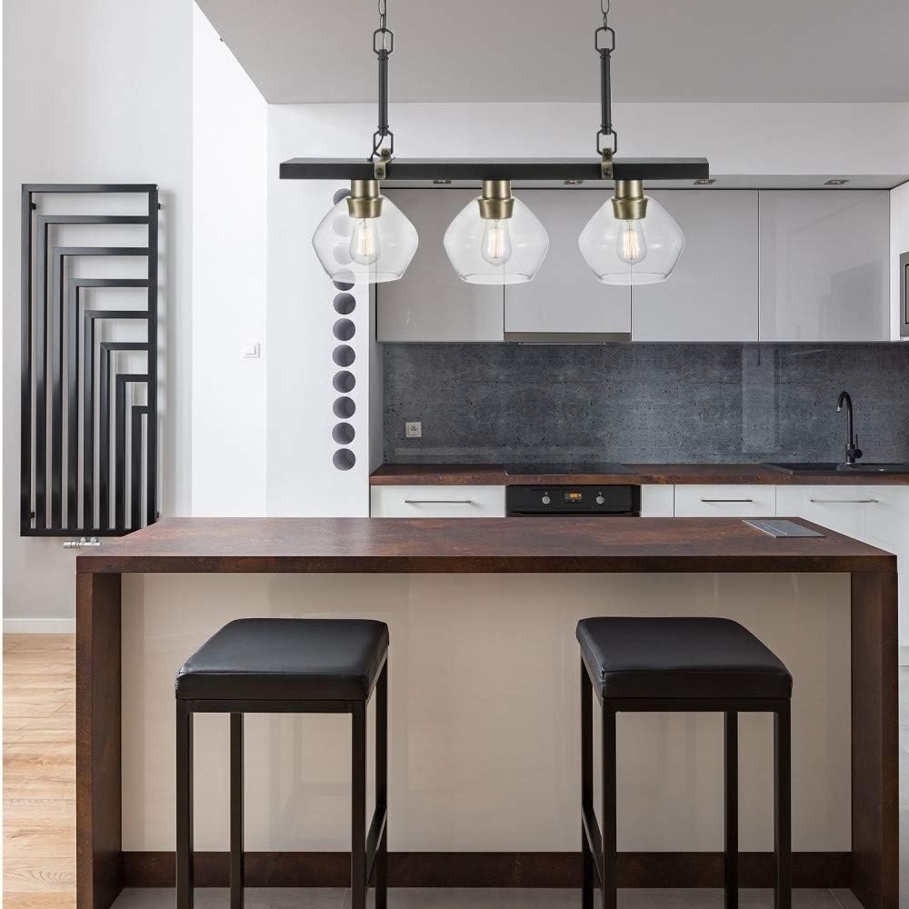 image:imageGlobe Electric Harrow 3 Linear Pendant Lighting with Gold Accent Sockets Shades 60873 Matte Black with Clear Glass Bulb Not IncludedMatte Black with Clear Glass