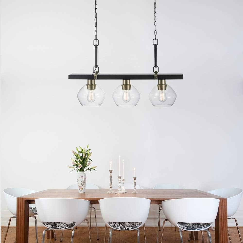 image:imageGlobe Electric Harrow 3 Linear Pendant Lighting with Gold Accent Sockets Shades 60873 Matte Black with Clear Glass Bulb Not IncludedMatte Black with Clear Glass