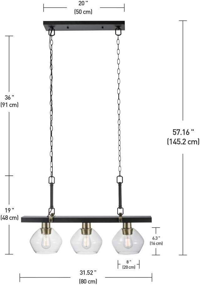 image:imageGlobe Electric Harrow 3 Linear Pendant Lighting with Gold Accent Sockets Shades 60873 Matte Black with Clear Glass Bulb Not IncludedMatte Black with Clear Glass
