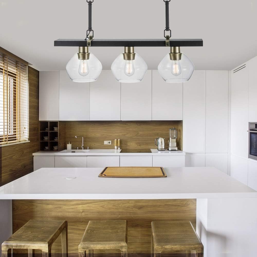 image:imageGlobe Electric Harrow 3 Linear Pendant Lighting with Gold Accent Sockets Shades 60873 Matte Black with Clear Glass Bulb Not IncludedMatte Black with Clear Glass