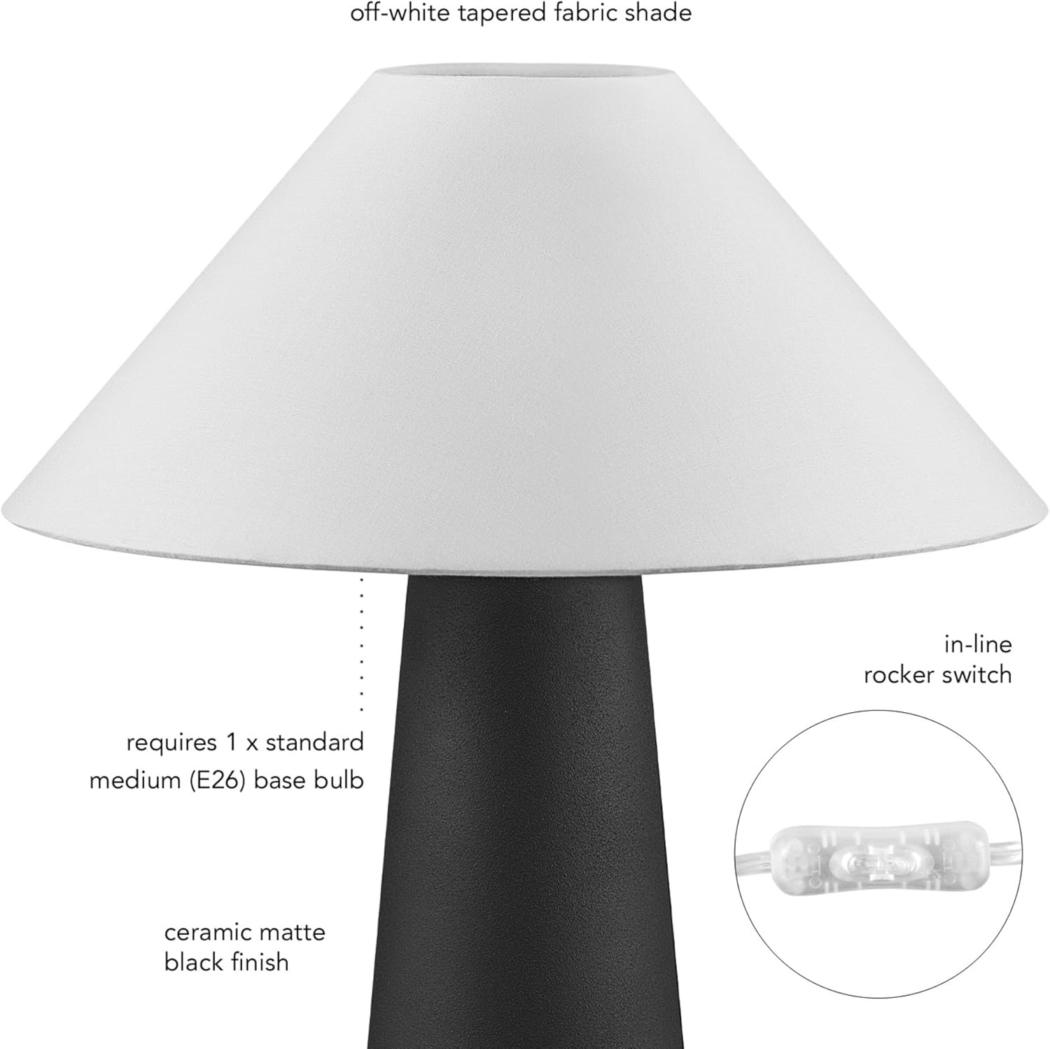 image:imageGlobe Electric Novogratz x 18 Ceramic Table Lamp Matte Black OffWhite Tapered Fabric Shade inLine Rocker Switch 5 Ft Clear Cord Home Office Desk Living RoomMatte Black