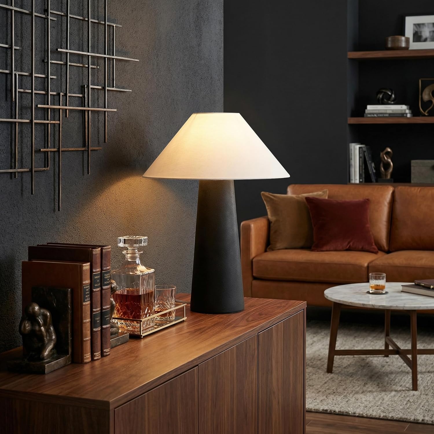 image:imageGlobe Electric Novogratz x 18 Ceramic Table Lamp Matte Black OffWhite Tapered Fabric Shade inLine Rocker Switch 5 Ft Clear Cord Home Office Desk Living RoomMatte Black