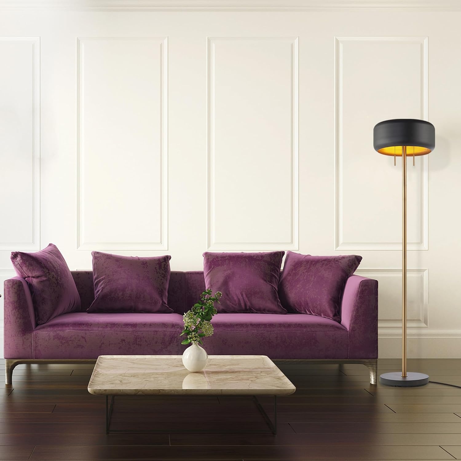 image:imageGlobe Electric Novogratz x Globe Harrington 65 Floor Lamp 2Tone Faux Wood Base White Fabric Shade Socket Rotary Switch 67225Dark Gray