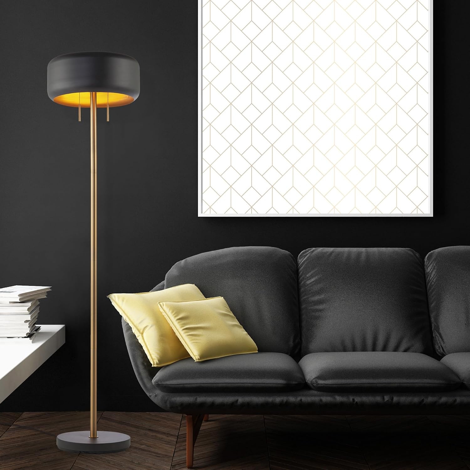 image:imageGlobe Electric Novogratz x Globe Harrington 65 Floor Lamp 2Tone Faux Wood Base White Fabric Shade Socket Rotary Switch 67225Dark Gray