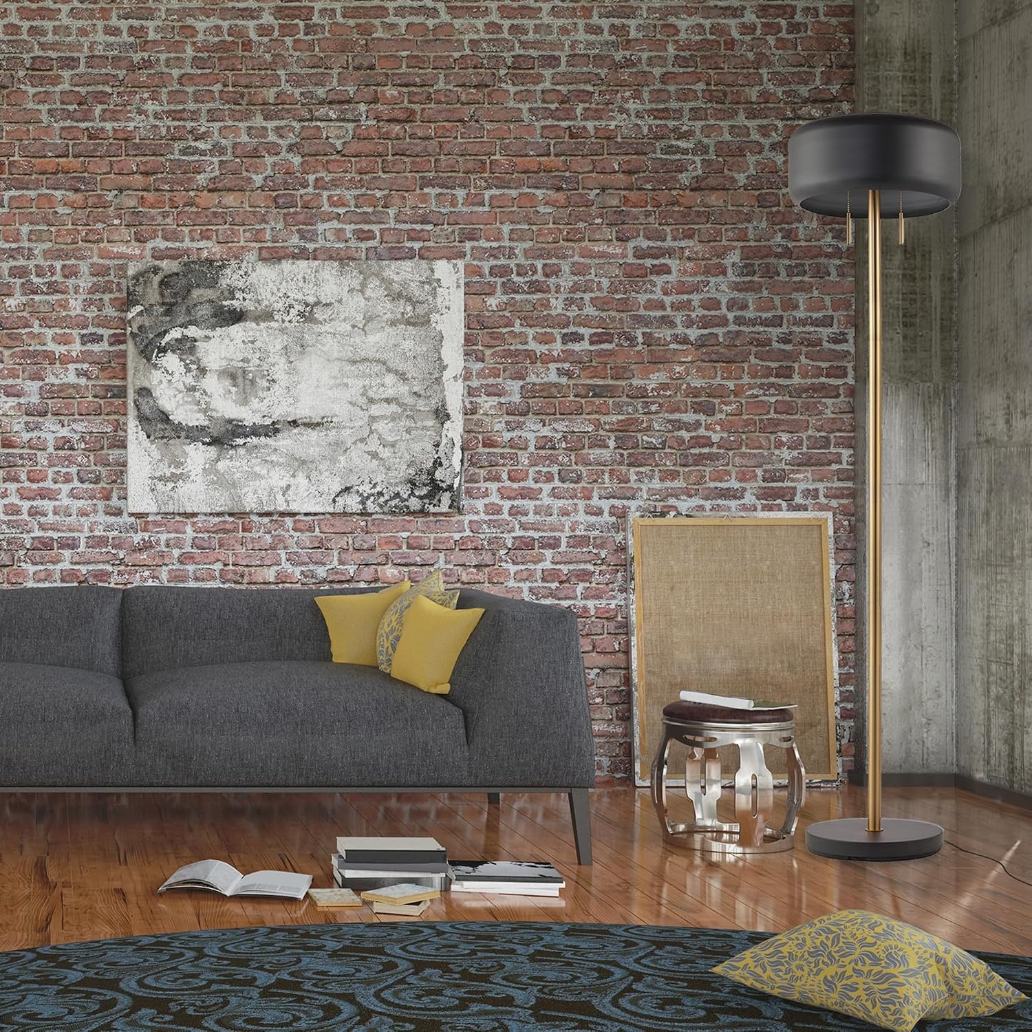 image:imageGlobe Electric Novogratz x Globe Harrington 65 Floor Lamp 2Tone Faux Wood Base White Fabric Shade Socket Rotary Switch 67225Dark Gray