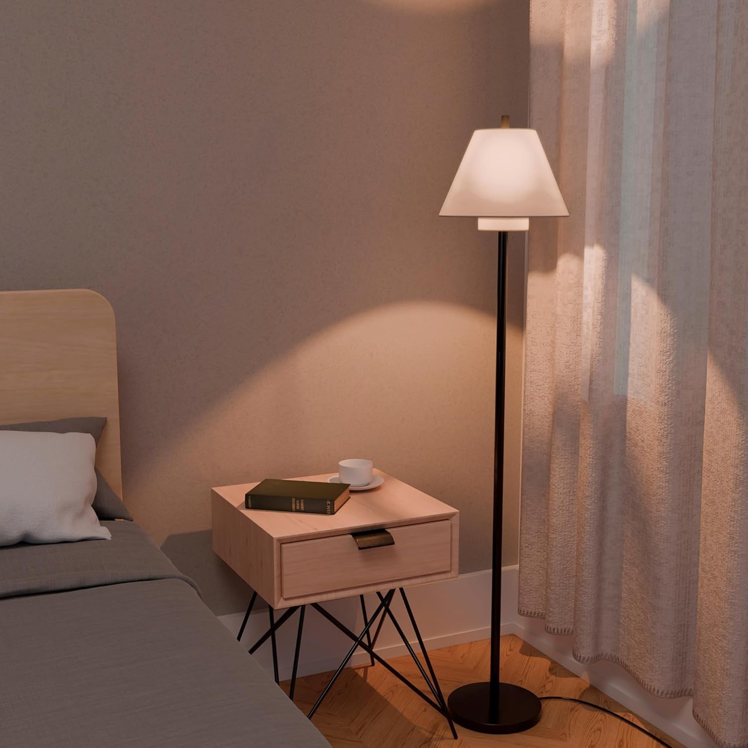 image:imageGlobe Electric Novogratz x Globe Harrington 65 Floor Lamp 2Tone Faux Wood Base White Fabric Shade Socket Rotary Switch 67225Matte Black Double Shade
