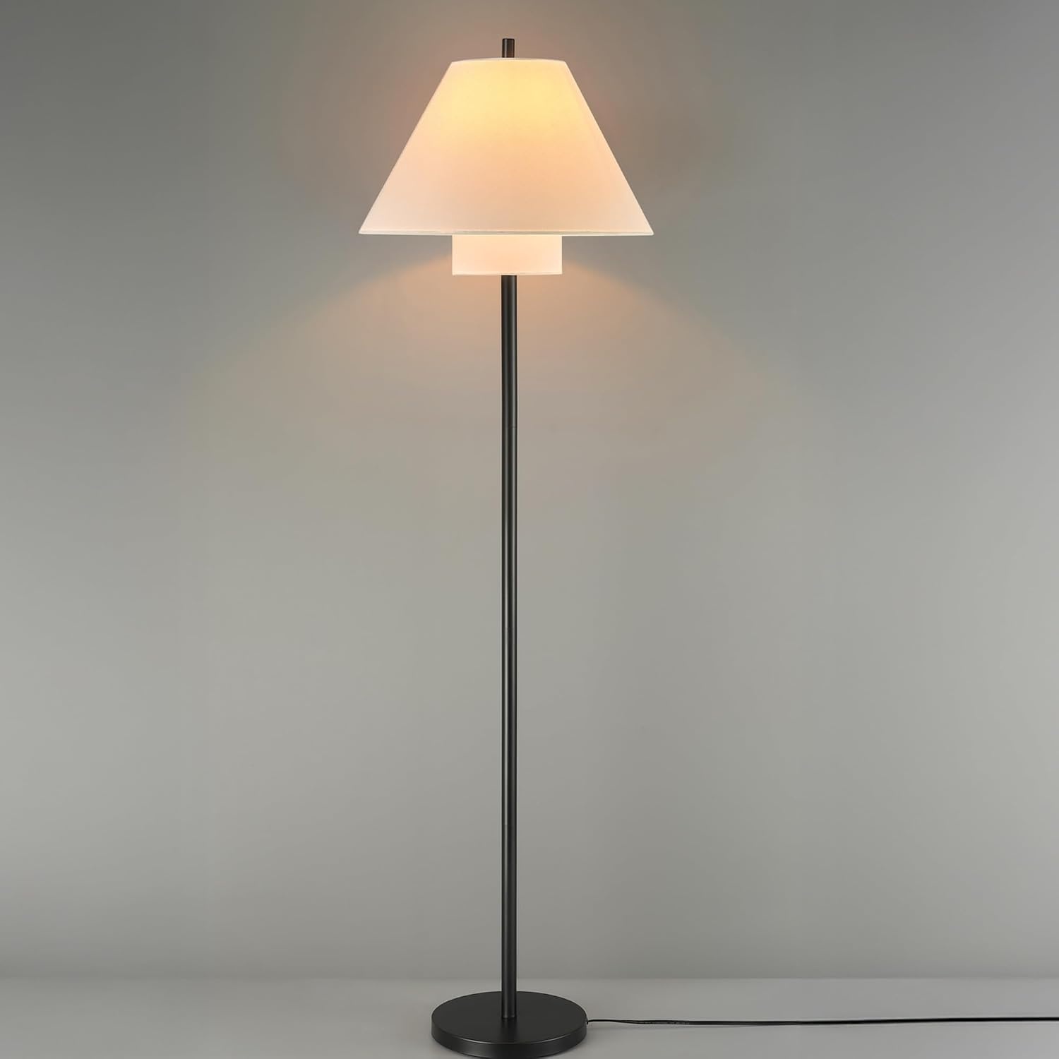 image:imageGlobe Electric Novogratz x Globe Harrington 65 Floor Lamp 2Tone Faux Wood Base White Fabric Shade Socket Rotary Switch 67225Matte Black Double Shade