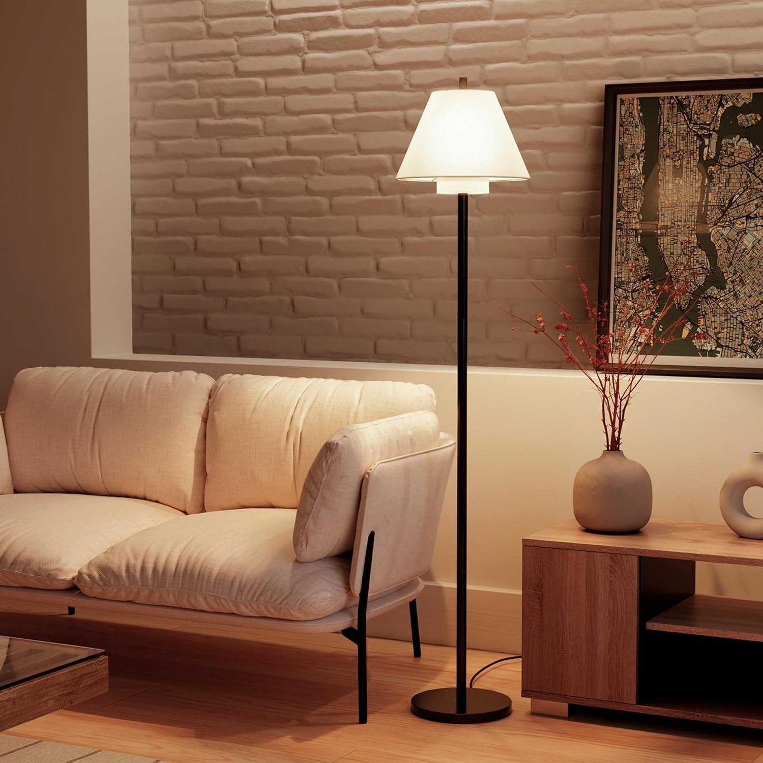 image:imageGlobe Electric Novogratz x Globe Harrington 65 Floor Lamp 2Tone Faux Wood Base White Fabric Shade Socket Rotary Switch 67225Matte Black Double Shade