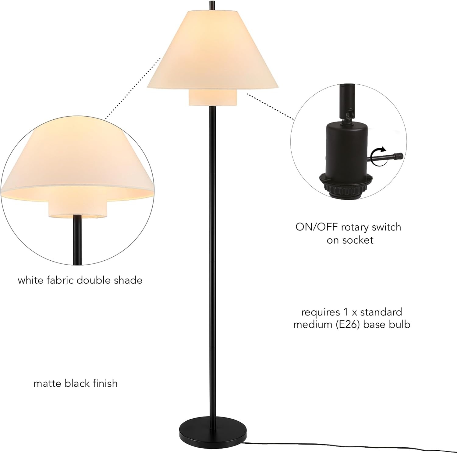 image:imageGlobe Electric Novogratz x Globe Harrington 65 Floor Lamp 2Tone Faux Wood Base White Fabric Shade Socket Rotary Switch 67225Matte Black Double Shade