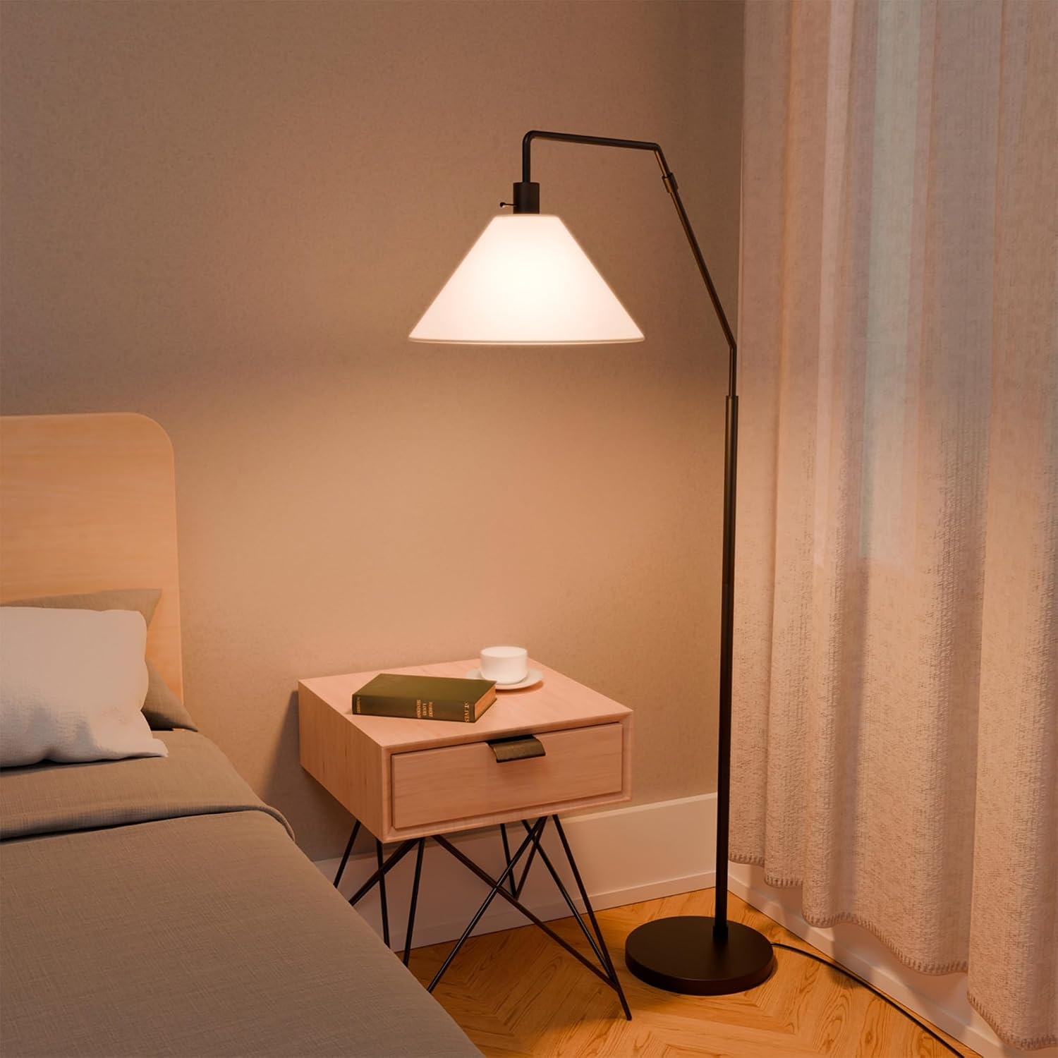 image:imageGlobe Electric Novogratz x Globe Harrington 65 Floor Lamp 2Tone Faux Wood Base White Fabric Shade Socket Rotary Switch 67225Matte Black OffWhite Tapered