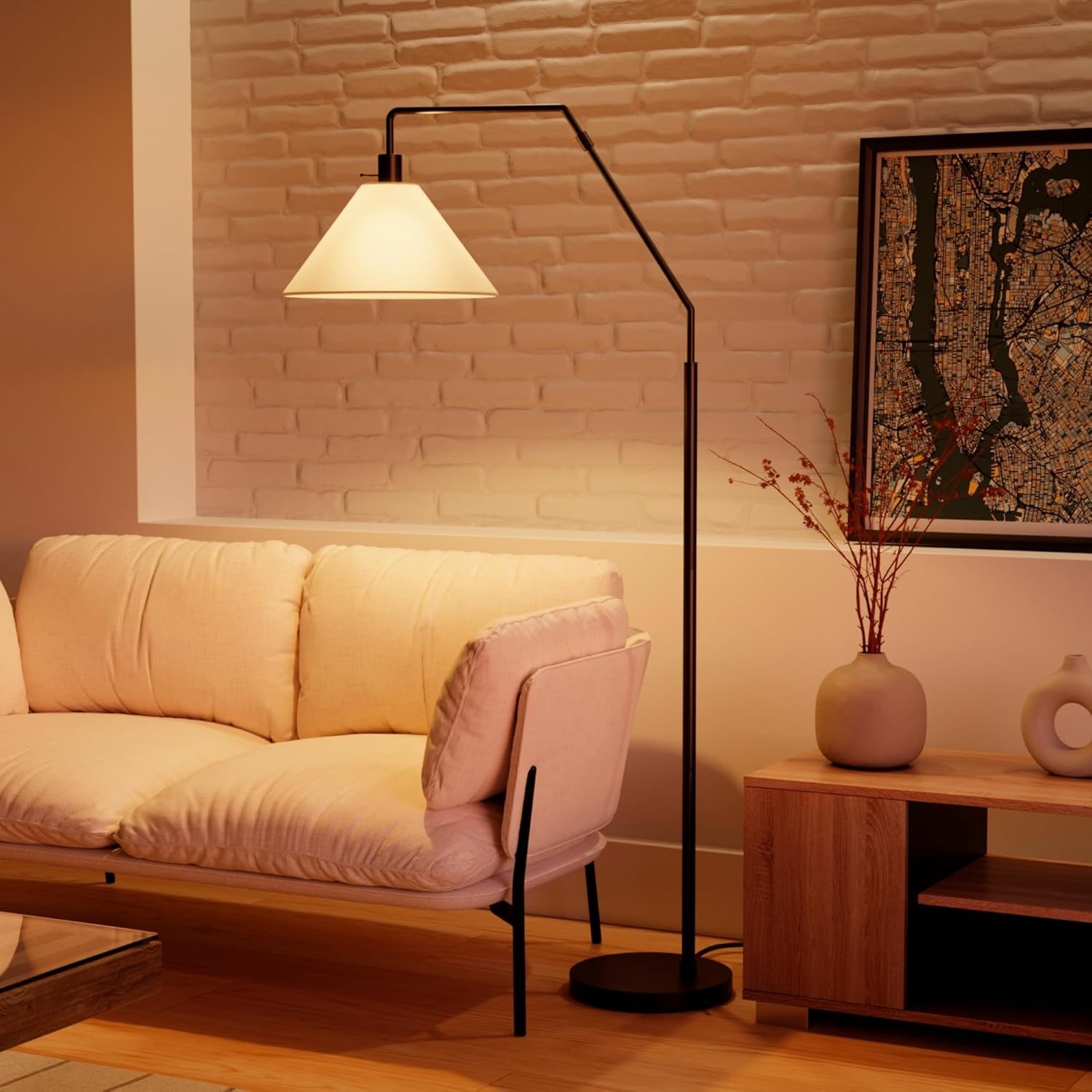image:imageGlobe Electric Novogratz x Globe Harrington 65 Floor Lamp 2Tone Faux Wood Base White Fabric Shade Socket Rotary Switch 67225Matte Black OffWhite Tapered