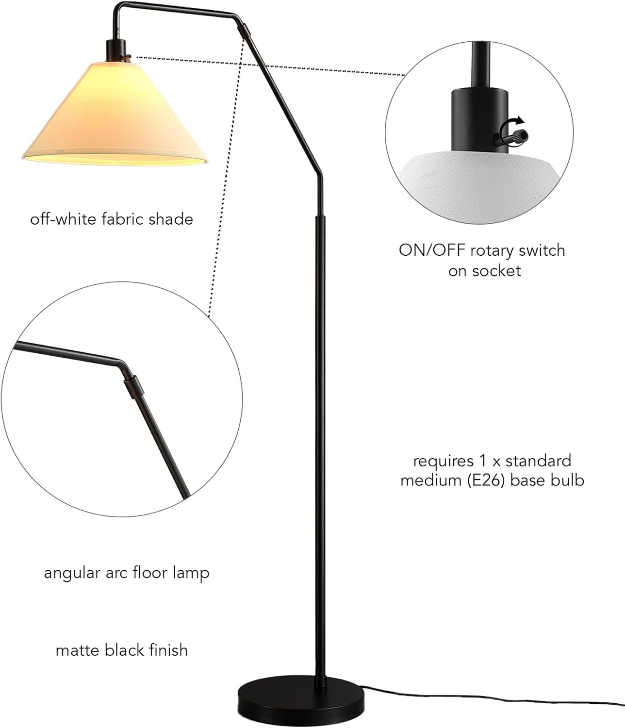 image:imageGlobe Electric Novogratz x Globe Harrington 65 Floor Lamp 2Tone Faux Wood Base White Fabric Shade Socket Rotary Switch 67225Matte Black OffWhite Tapered