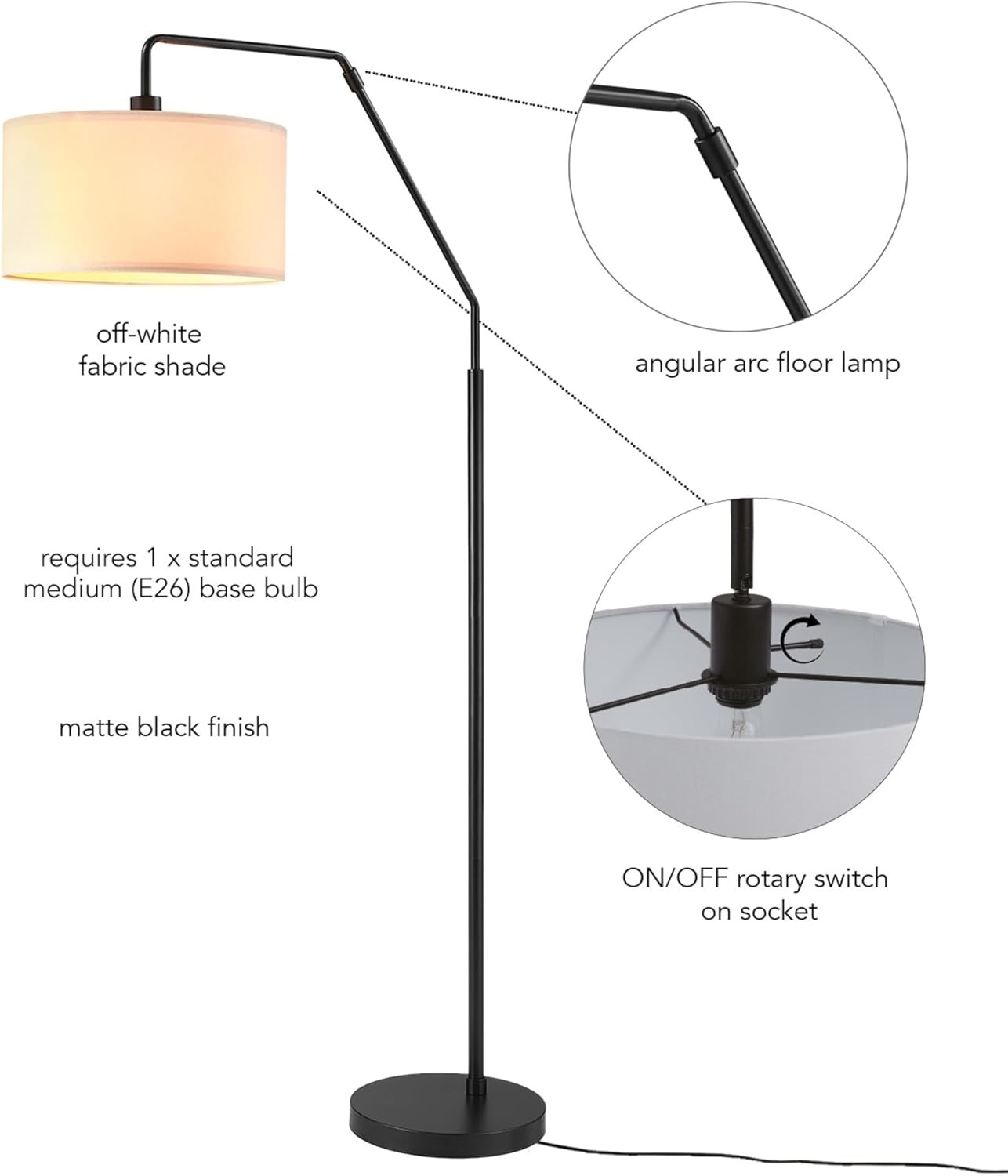 image:imageGlobe Electric Novogratz x Globe Harrington 65 Floor Lamp 2Tone Faux Wood Base White Fabric Shade Socket Rotary Switch 67225Matte Black White Fabric
