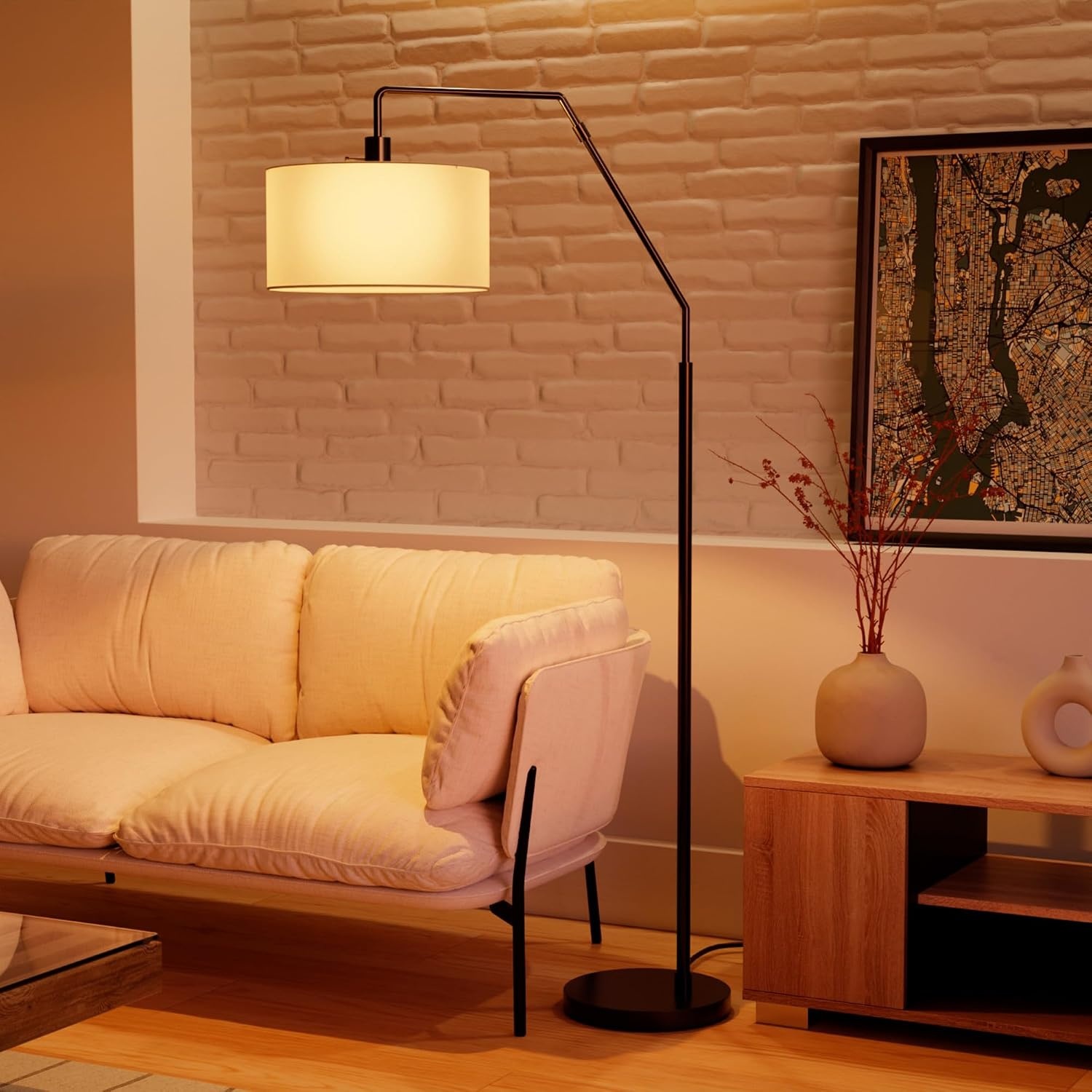 image:imageGlobe Electric Novogratz x Globe Harrington 65 Floor Lamp 2Tone Faux Wood Base White Fabric Shade Socket Rotary Switch 67225Matte Black White Fabric