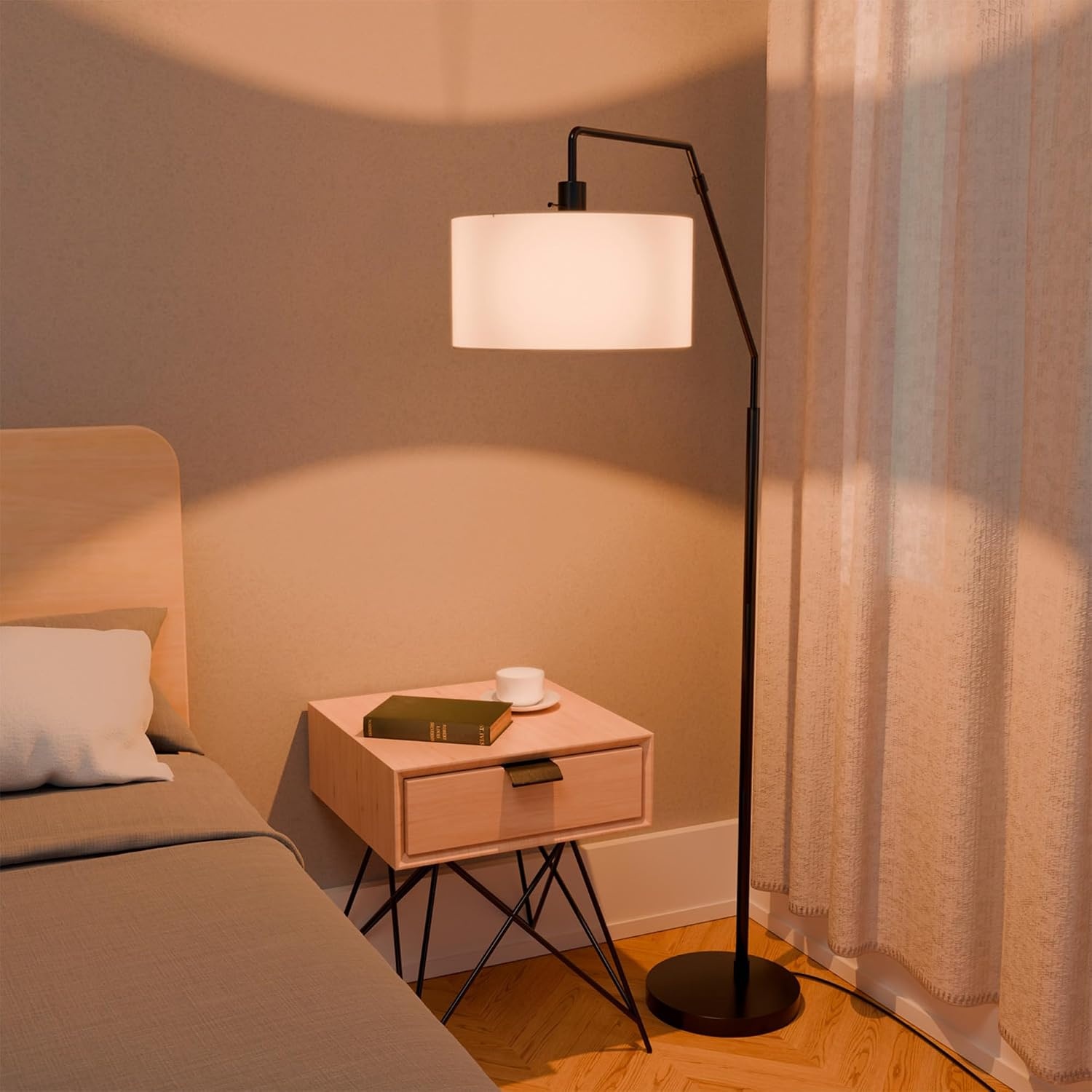 image:imageGlobe Electric Novogratz x Globe Harrington 65 Floor Lamp 2Tone Faux Wood Base White Fabric Shade Socket Rotary Switch 67225Matte Black White Fabric