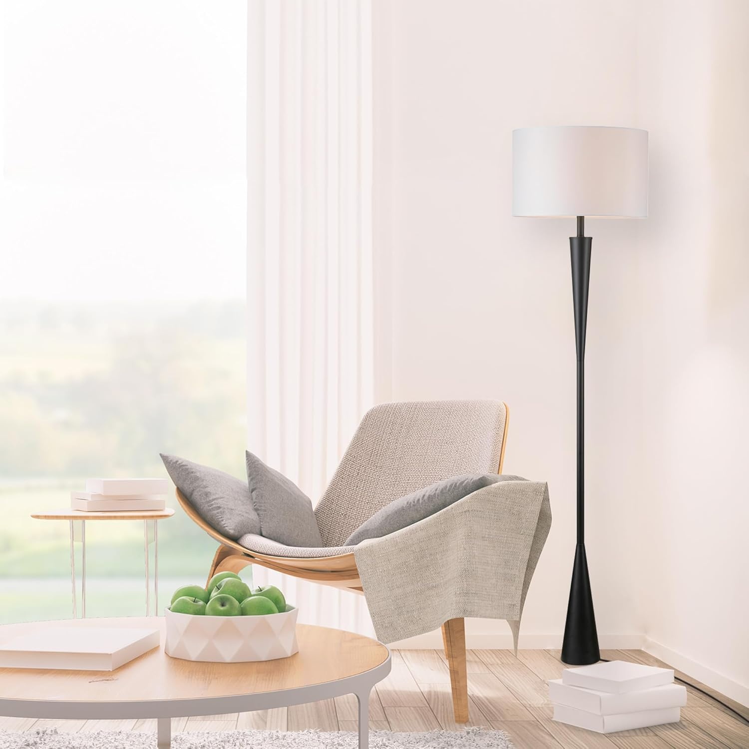 image:imageGlobe Electric Novogratz x Globe Harrington 65 Floor Lamp 2Tone Faux Wood Base White Fabric Shade Socket Rotary Switch 67225Matte Black White Shade