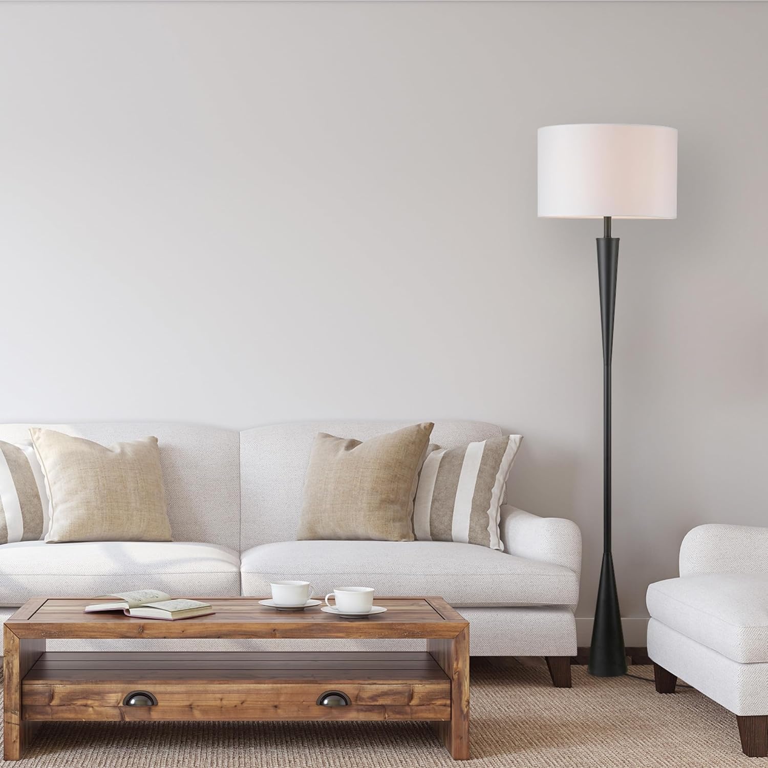 image:imageGlobe Electric Novogratz x Globe Harrington 65 Floor Lamp 2Tone Faux Wood Base White Fabric Shade Socket Rotary Switch 67225Matte Black White Shade