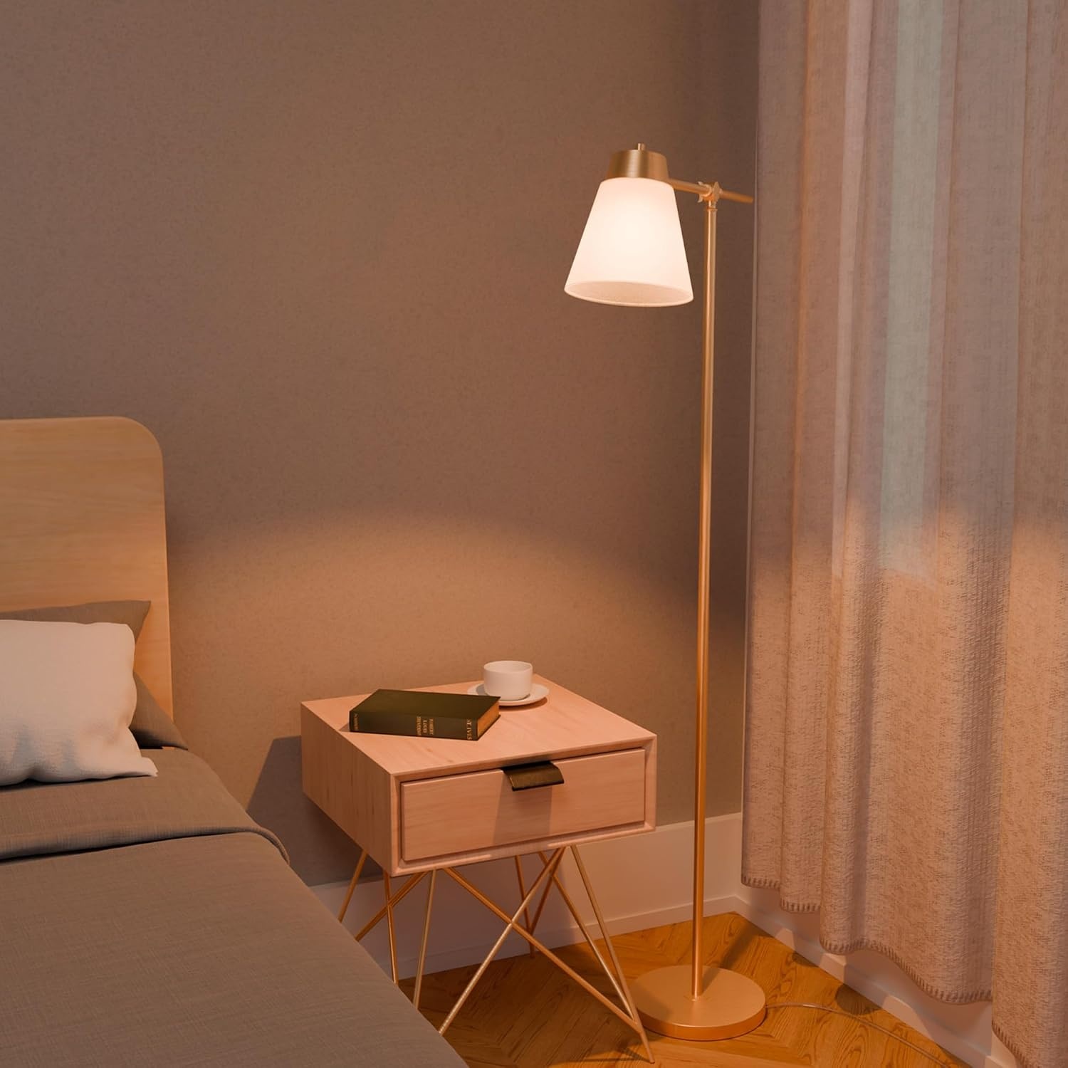 image:imageGlobe Electric Novogratz x Globe Harrington 65 Floor Lamp 2Tone Faux Wood Base White Fabric Shade Socket Rotary Switch 67225Matte Brass Plated