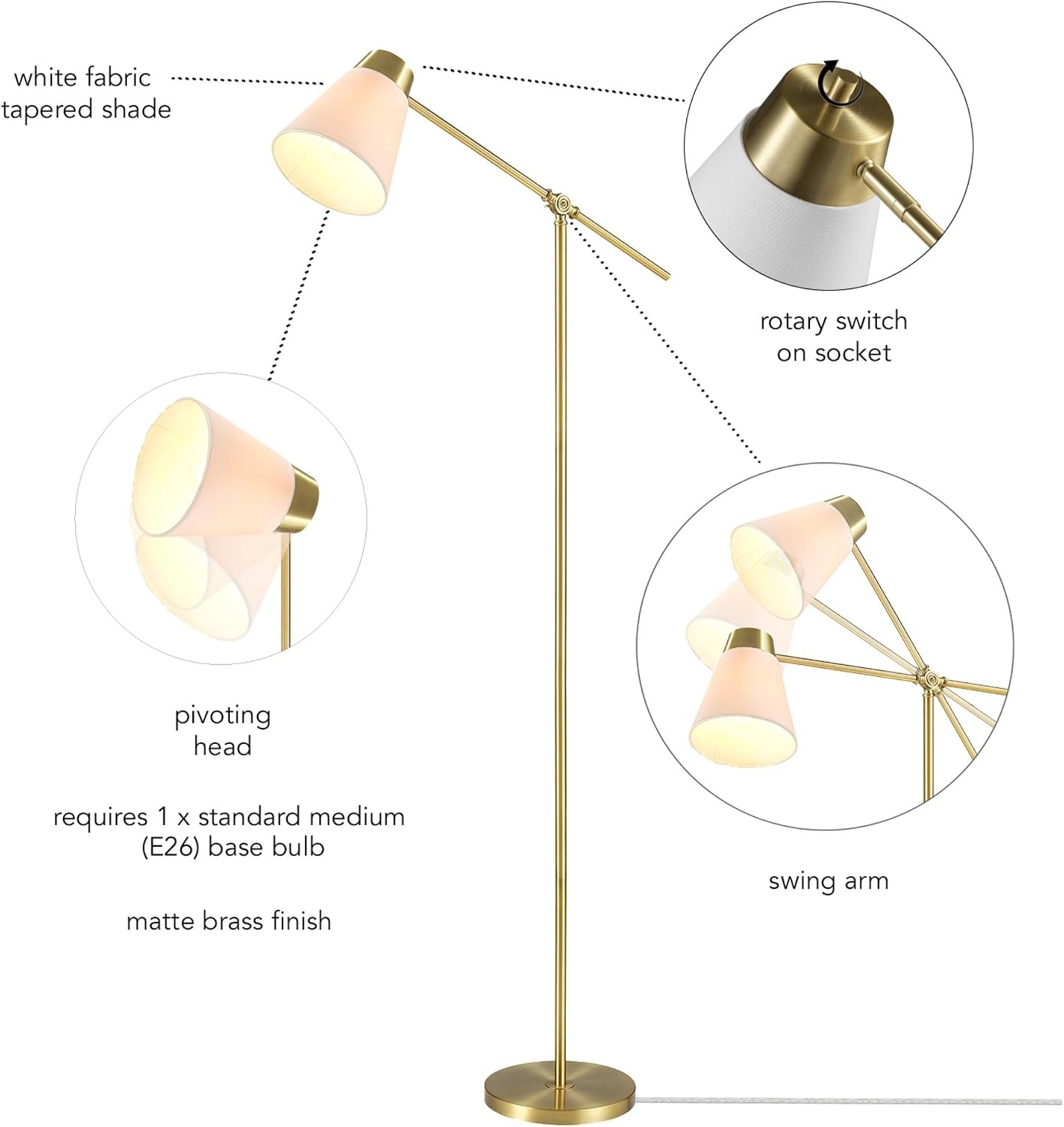 image:imageGlobe Electric Novogratz x Globe Harrington 65 Floor Lamp 2Tone Faux Wood Base White Fabric Shade Socket Rotary Switch 67225Matte Brass Plated