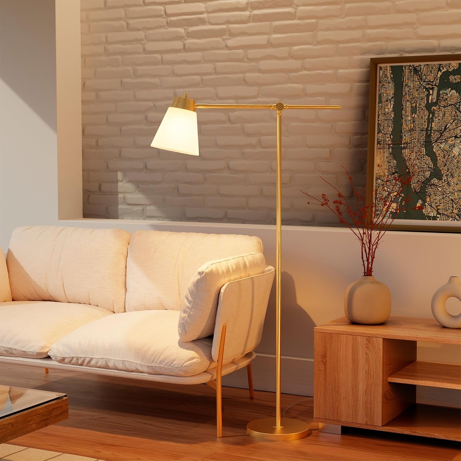 image:imageGlobe Electric Novogratz x Globe Harrington 65 Floor Lamp 2Tone Faux Wood Base White Fabric Shade Socket Rotary Switch 67225Matte Brass Plated