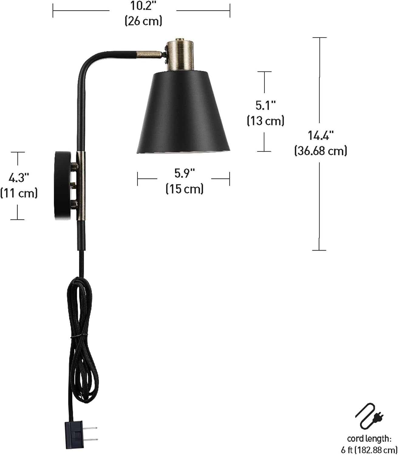 image:imageGlobe Electric Plugin or Hardwire Wall Sconce Matte Black Shade Matte Brass Accents Braided Cord 65000102Antique Brass Cleo