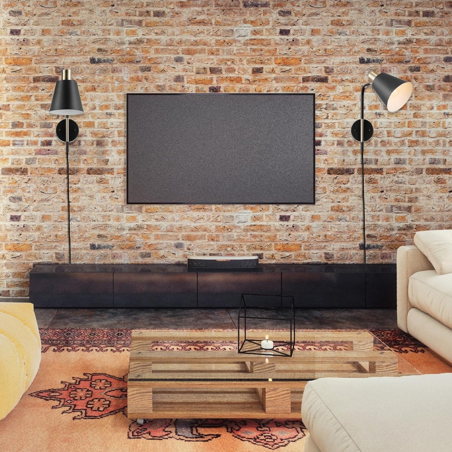 image:imageGlobe Electric Plugin or Hardwire Wall Sconce Matte Black Shade Matte Brass Accents Braided Cord 65000102Antique Brass Cleo