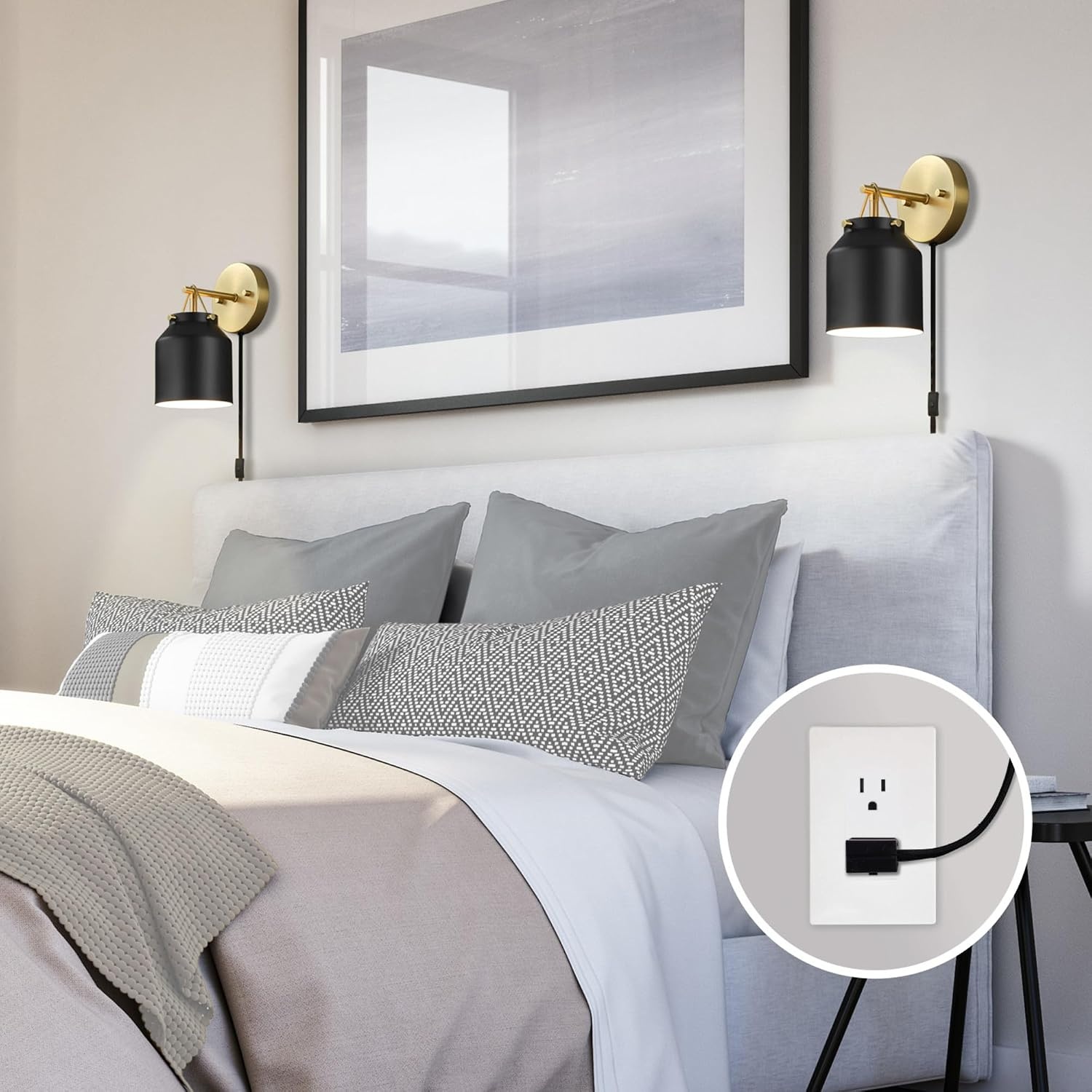 image:imageGlobe Electric Plugin or Hardwire Wall Sconce Matte Black Shade Matte Brass Accents Braided Cord 65000102Black Sacha